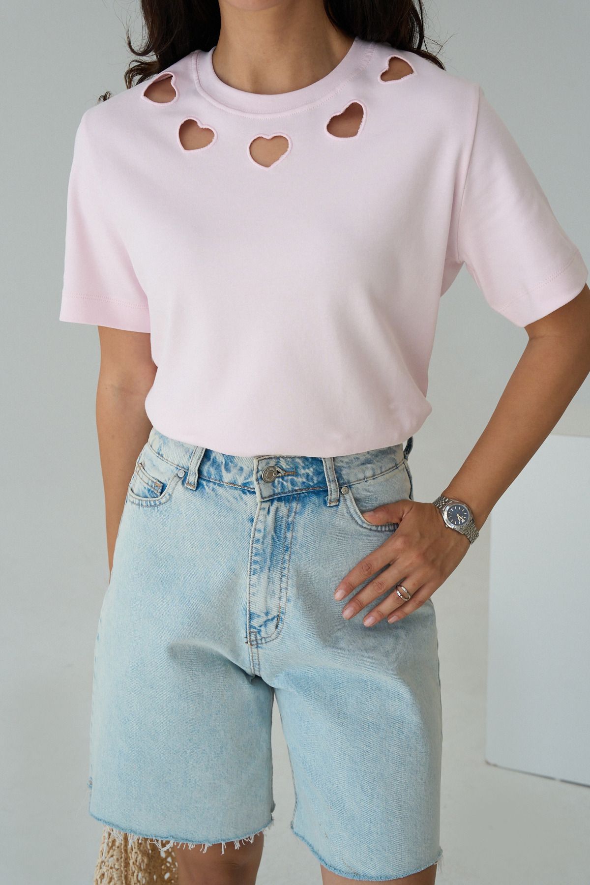 LOOSH Kadın Pembe Bisiklet Yaka Kalp Motifli Oversize Tişört
