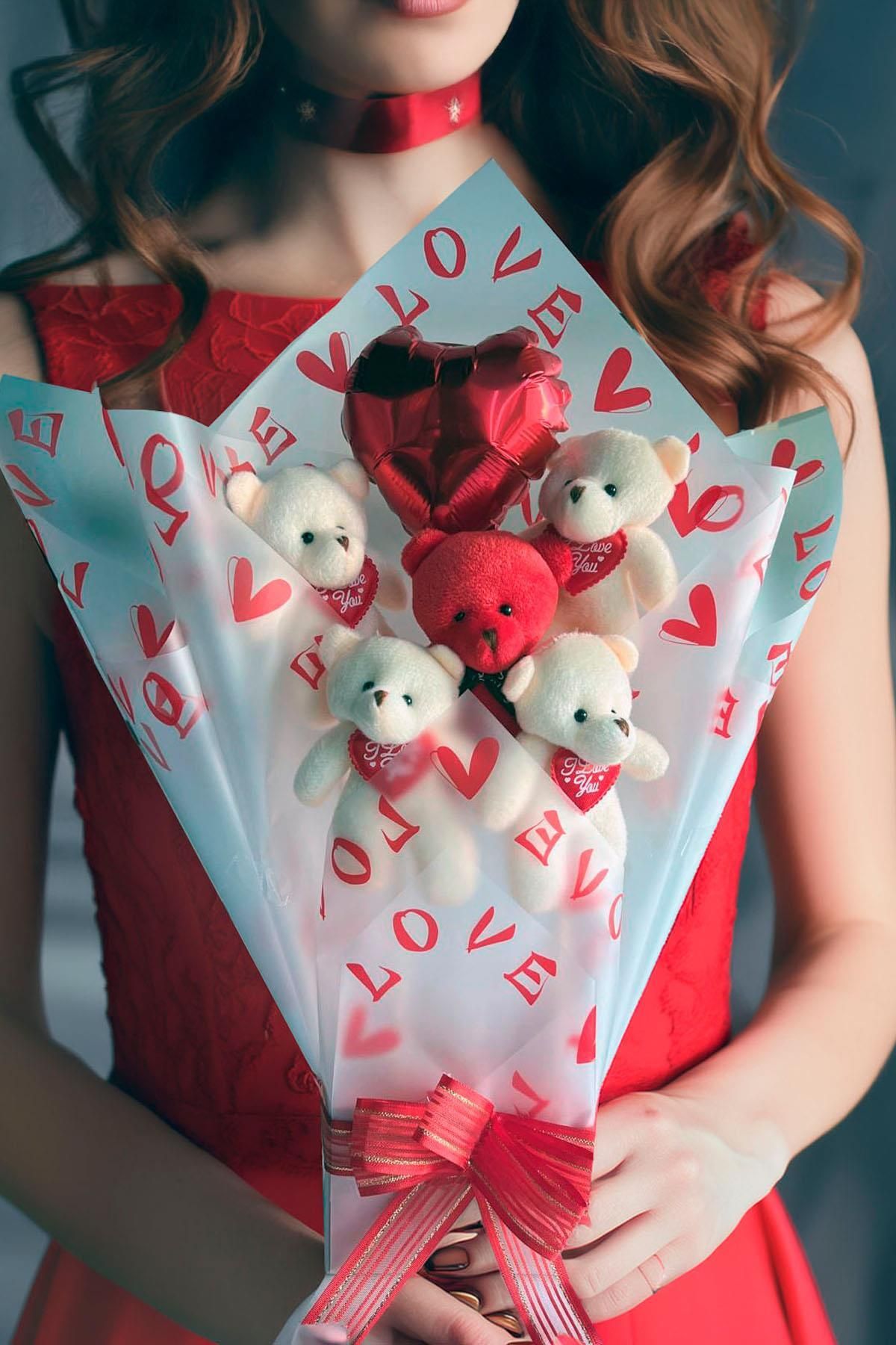 Sole Premium Kalp Balonlu LOVE Temalı Kırmızı- Beyaz Peluş Ayıcık Buketi