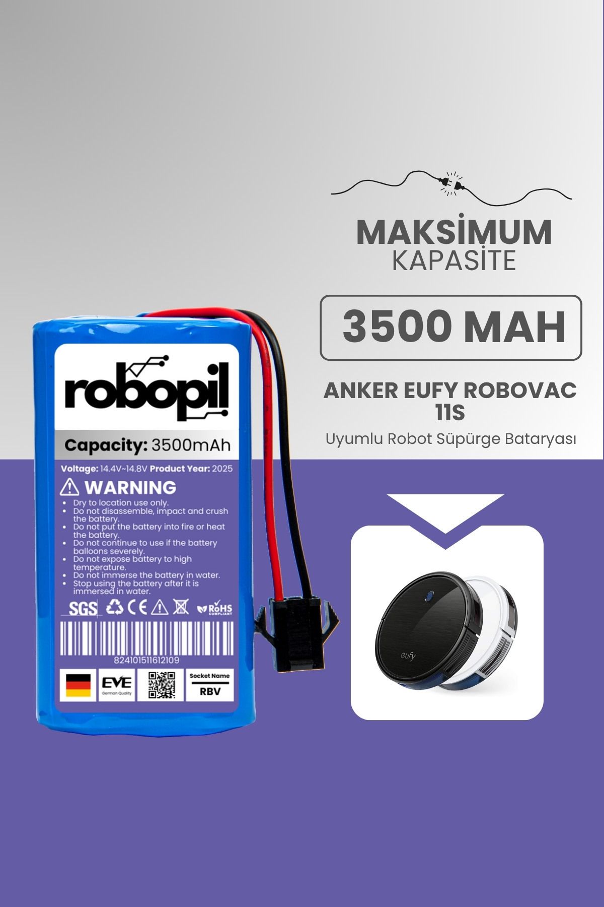 ROBOPİL Anker Eufy Robovac 11s Batarya (MAKSİMUM KAPASİTE) Naccon 14.4v 3500mah Akıllı Robot Süpürge Pili