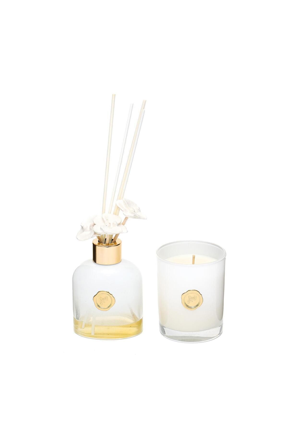 DEKORANLA 130 ml Beyaz Cam Şişe White Jasmine Oda Kokusu ve Mum Seti