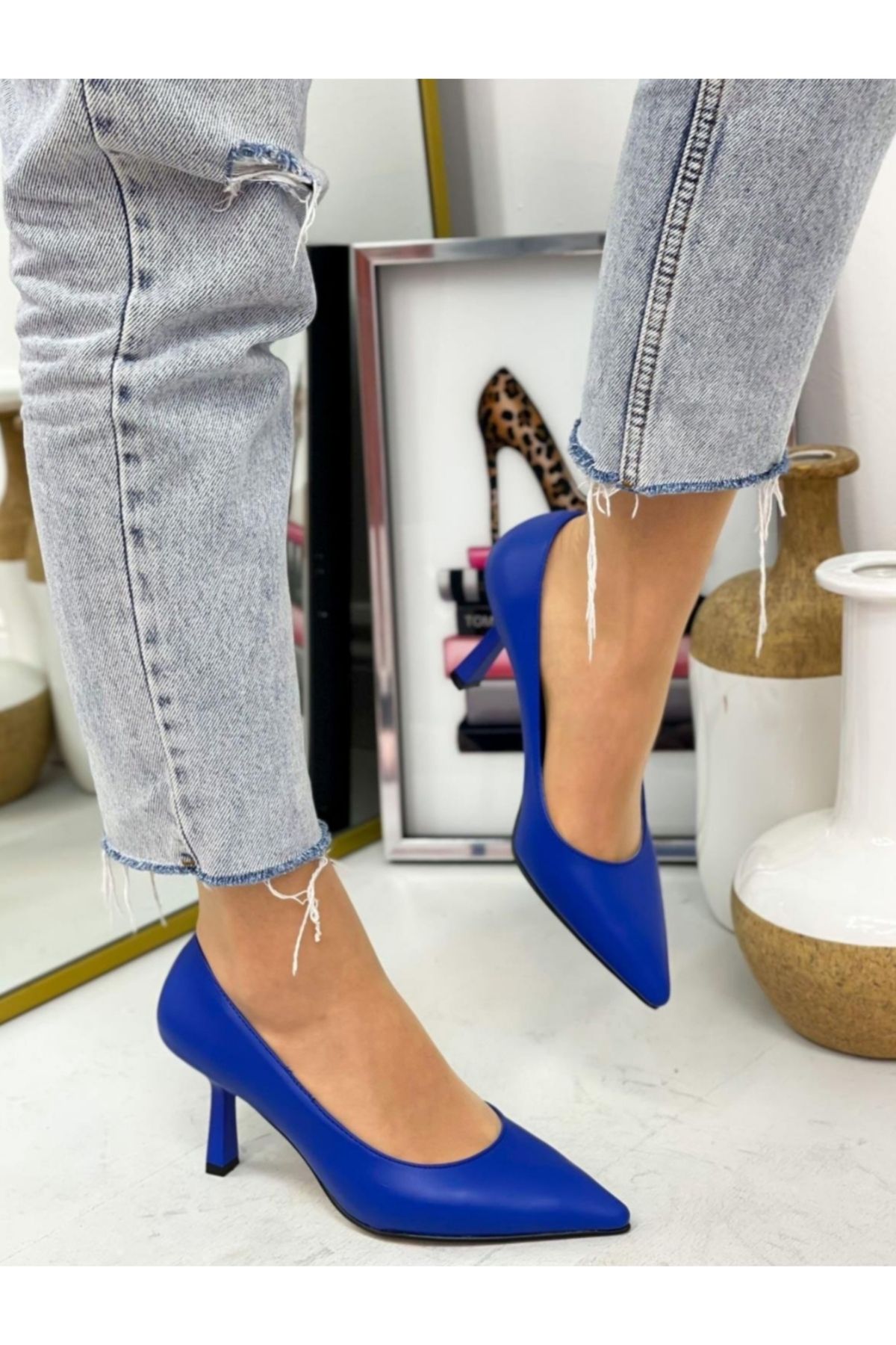 Lİmar Shoes Mavi kadın stiletto topuklu ayakkabı sivri burun