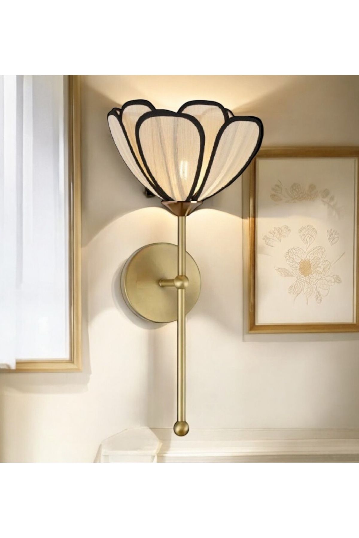 burenze Modern Tasarım Rose Çiçek Lale Aplik Kablolu Elektrikle Çalışır Eskitme Gold Sarı Gövde Ekru Kumaş