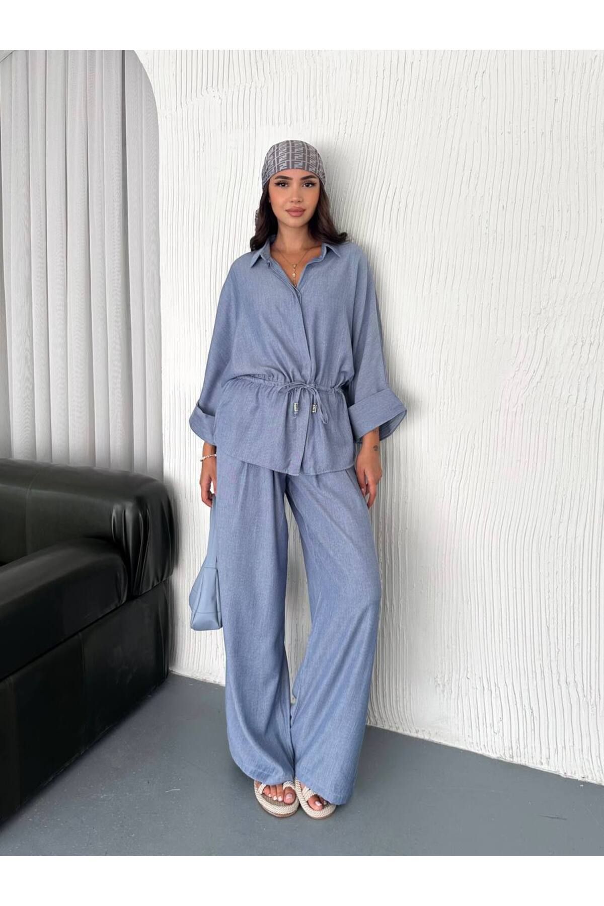 MODA Bağlamalı Büzgü Detaylı Oversize Gömlek Geniş Paça Pantolon Takım