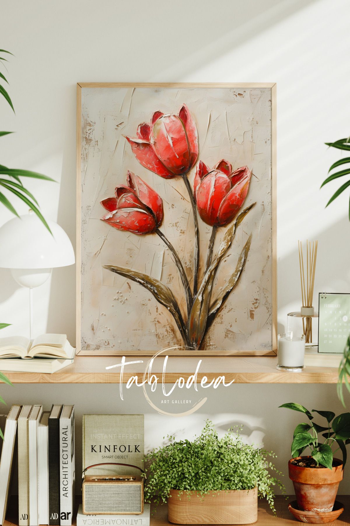 tablodea Vintage Lale Çiçeği Çerçeveli Poster Tablo, Modern Çiçekli Dekoratif Tablo, Minimalist Çiçek Tablosu