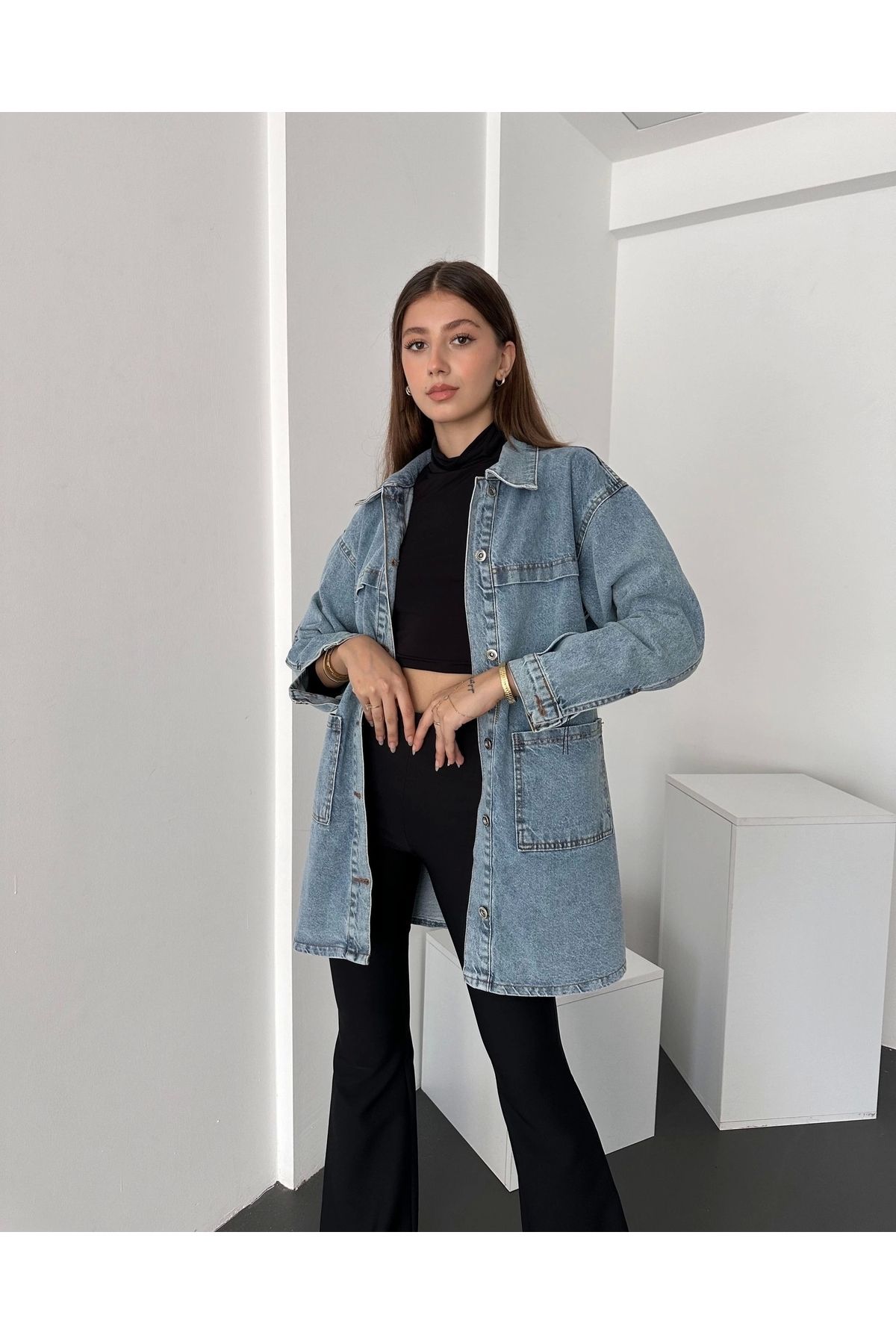 KEREM YAPI MARKET Düğmeli Çift Cep Oversize Denim Gömlek Ceket