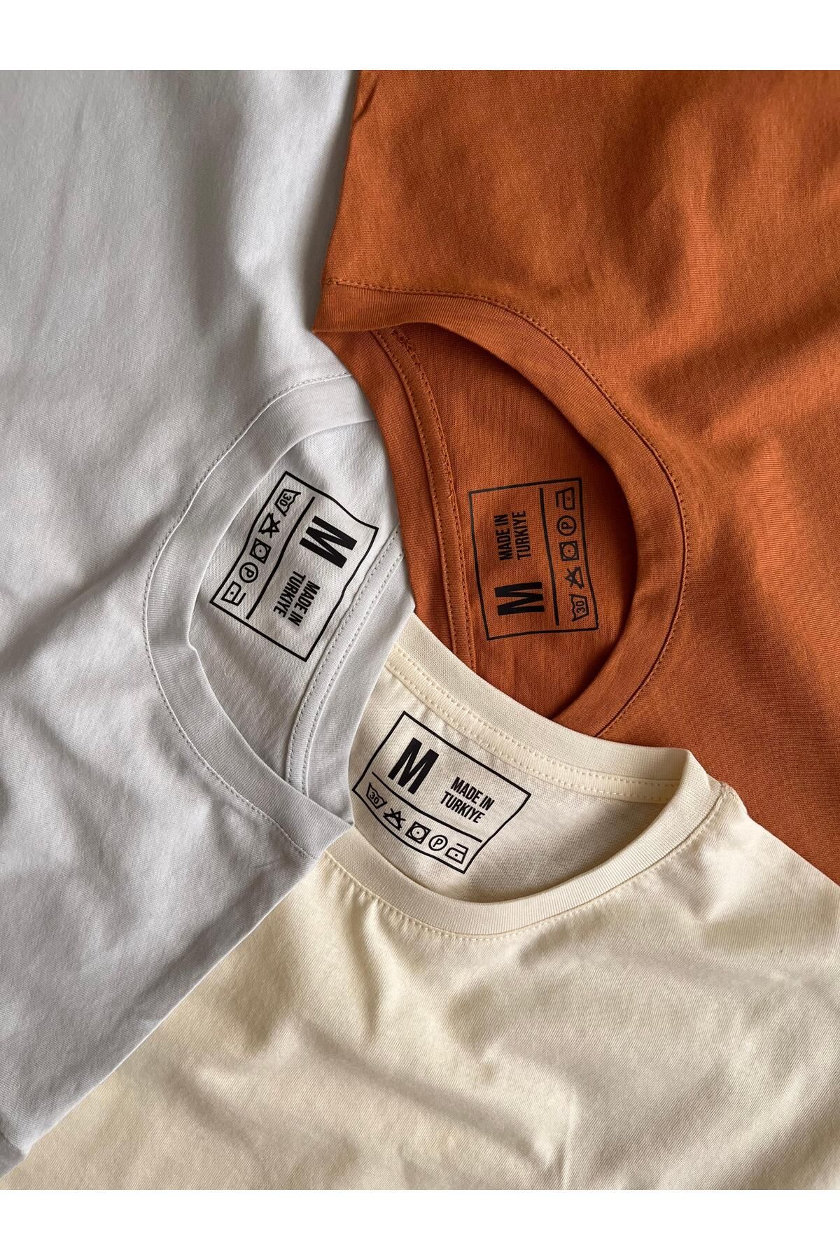 BLUGRIN Unisex Basic 3'lü T-Shirt Set - Kiremit,Krem,Silver