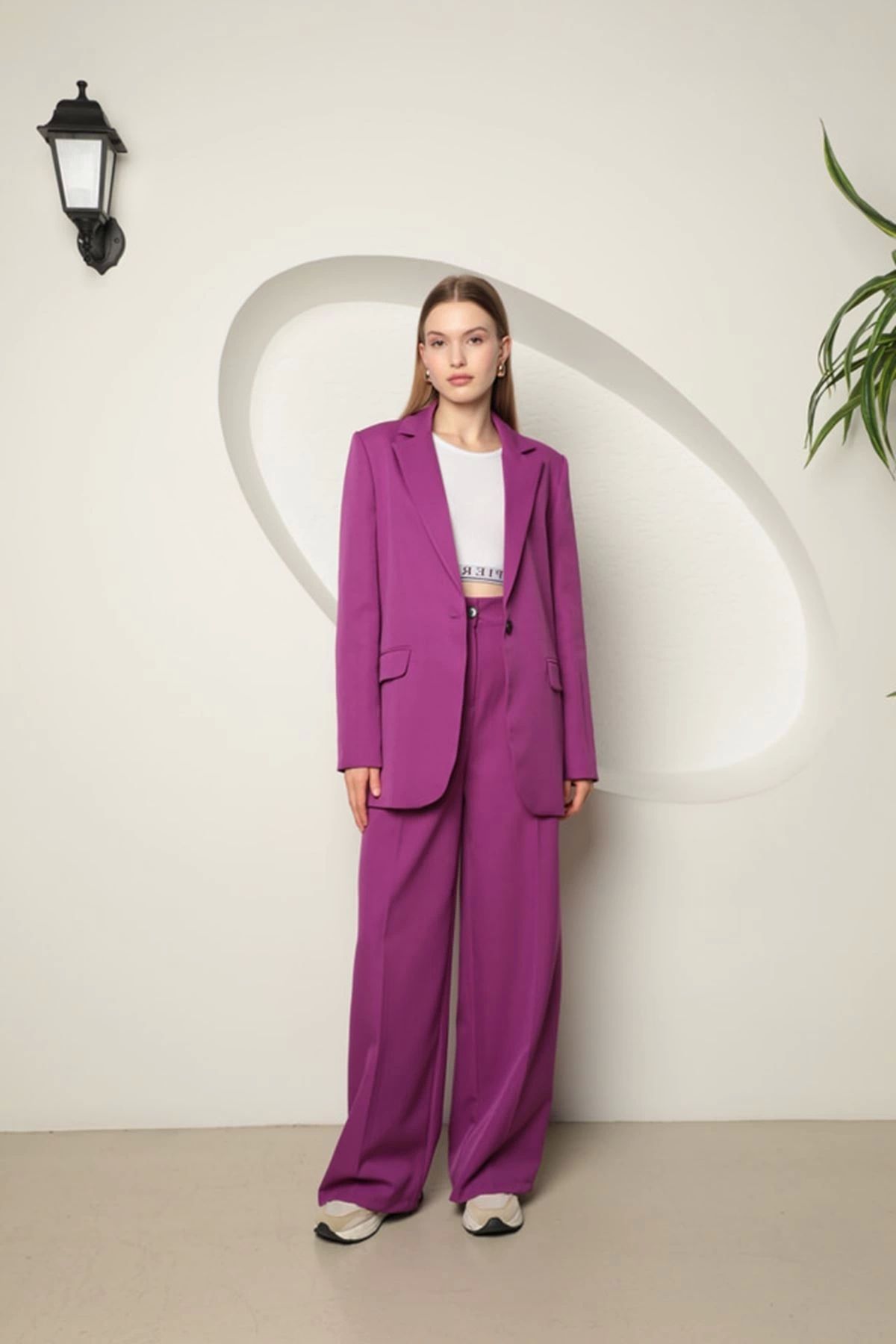 KEREM YAPI MARKET Atlas Kumaş Kadın Oversize Ceket-Mor