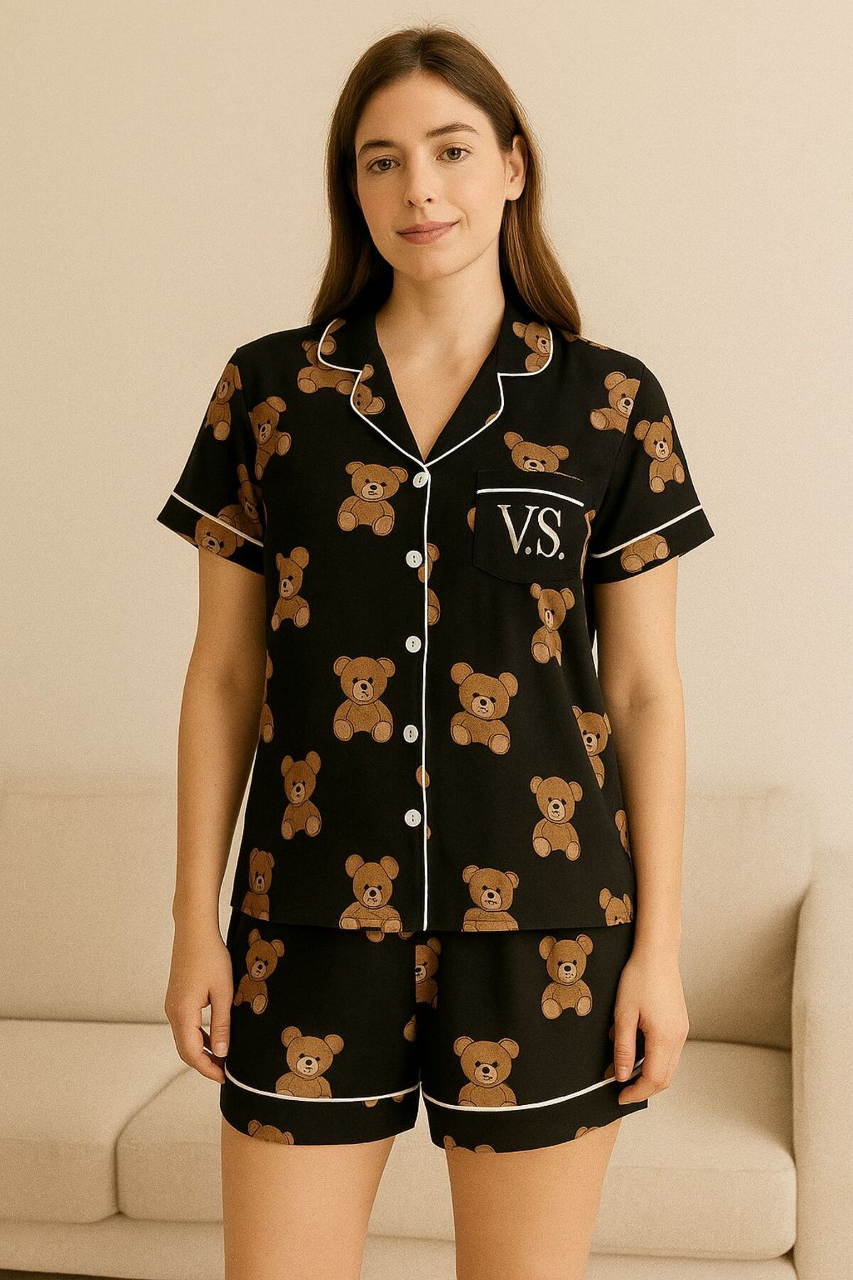 FENZO Pamuklu Viskon Kadın Ayıcıklı Şortlu Takım Kısa Kollu Üst Alt Kısa Şort Rahat Homewear