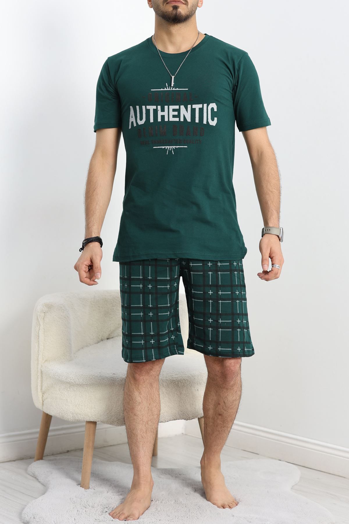 Fashi10 Erkek Şortlu Pijama Takımı Zümrüt