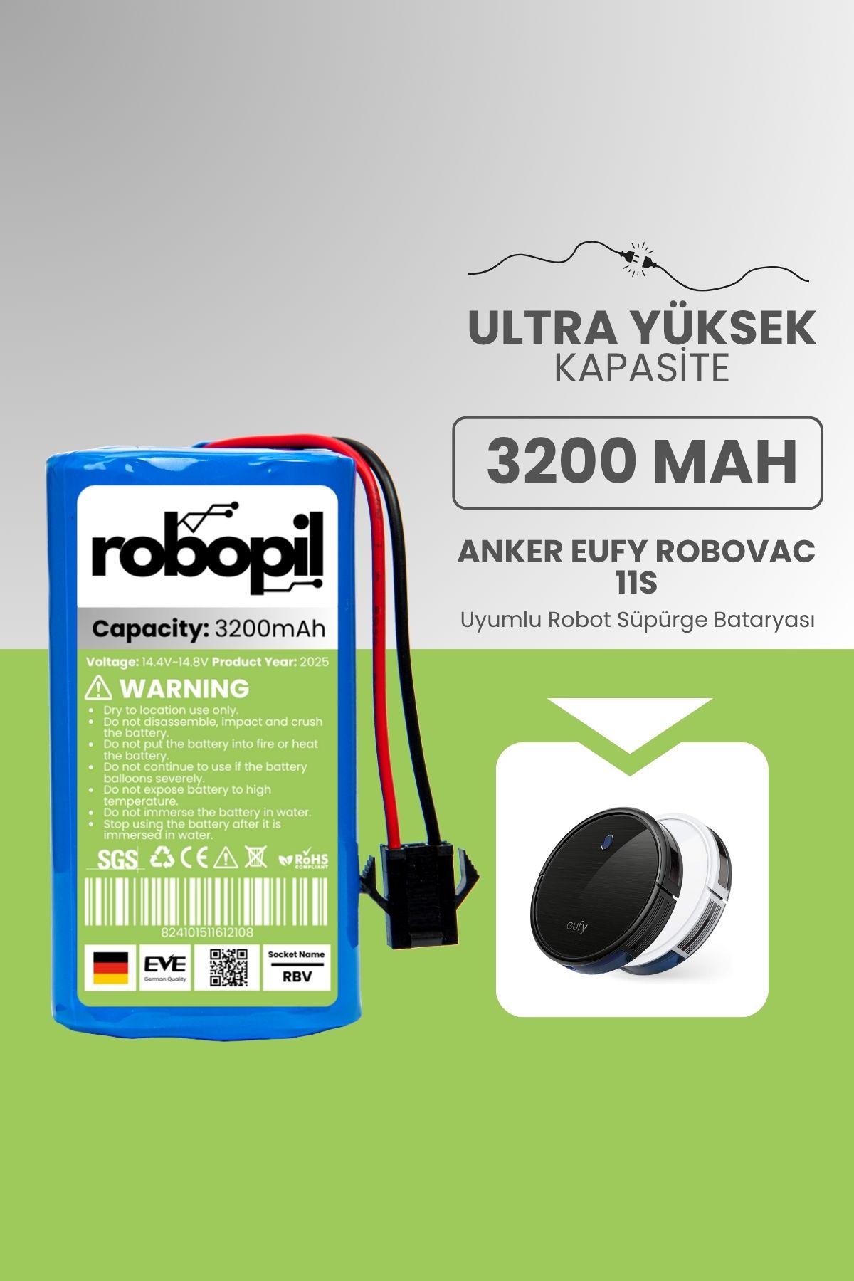 ROBOPİL Anker Eufy Robovac 11s Batarya (ULTRA YÜKSEK KAPASİTE) 3200mah Akıllı Robot Süpürge Pili