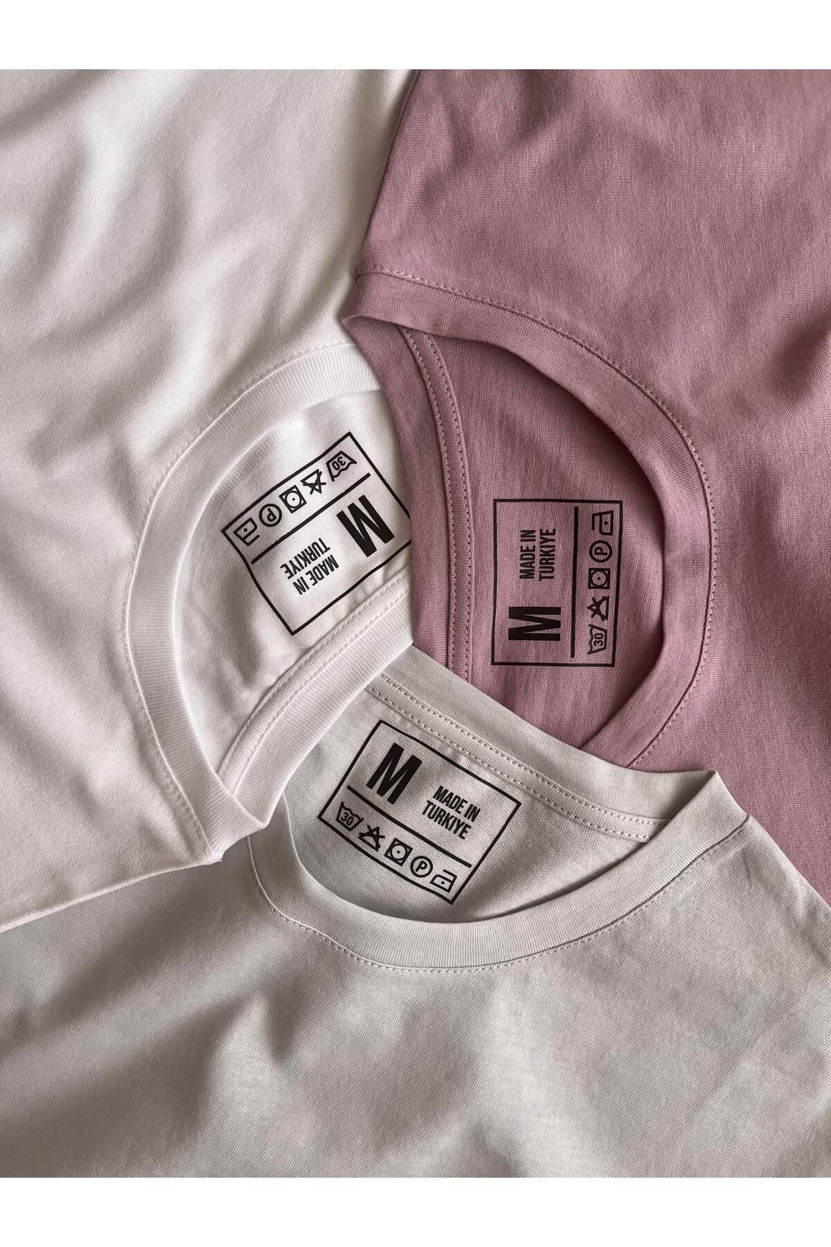 BLUGRIN Unisex Basic 3'lü T-Shirt Set - Beyaz,Lila,Silver