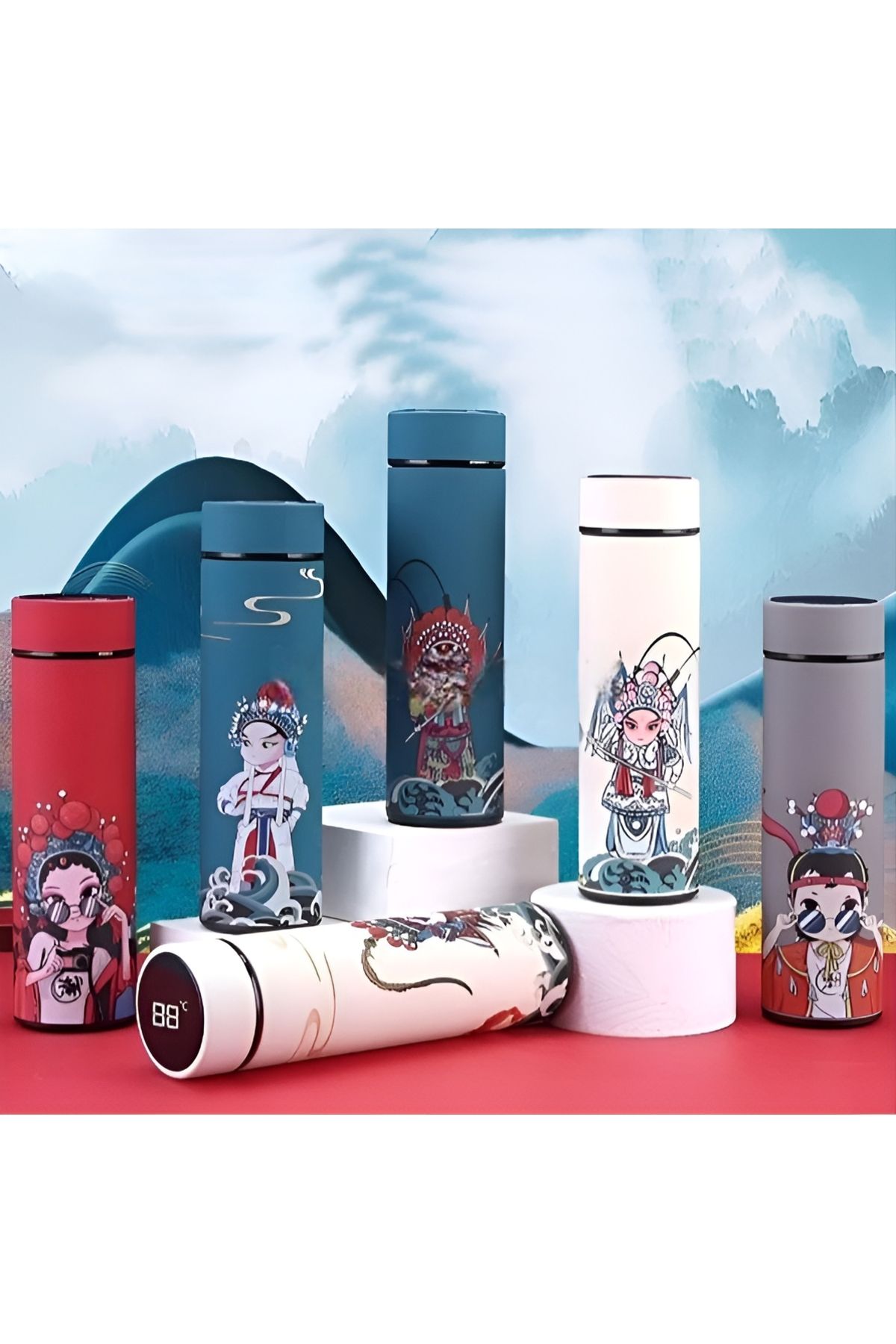 Wolawood Anime Baskılı Dijital Isı Göstergeli Paslanmaz Çelik Termos 500 ml LED Ekranlı Spor İş Okul Matarası