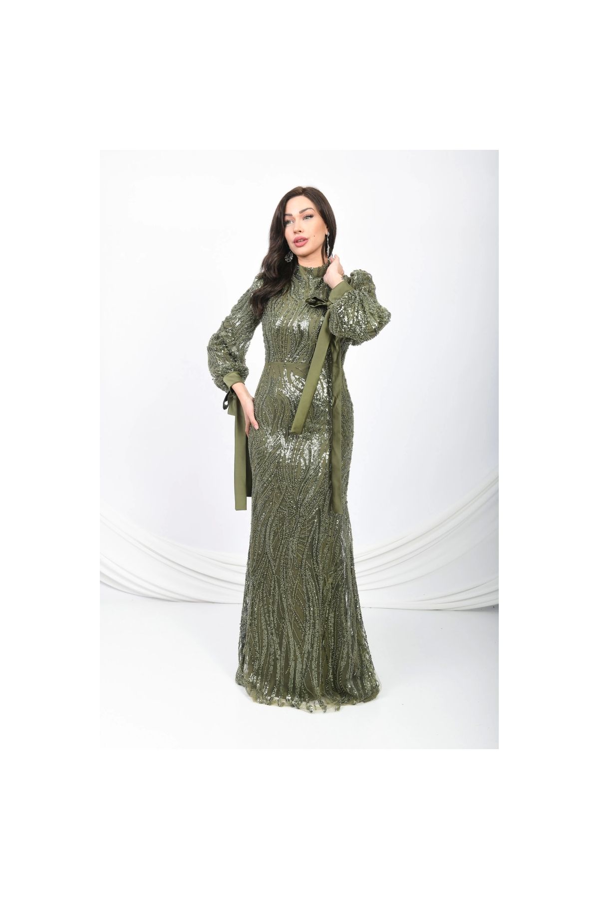 Moda Sezaver Tesettür Abiye | Nikah Elbisesi | Sirius Parıltısı Abiye - Haki
