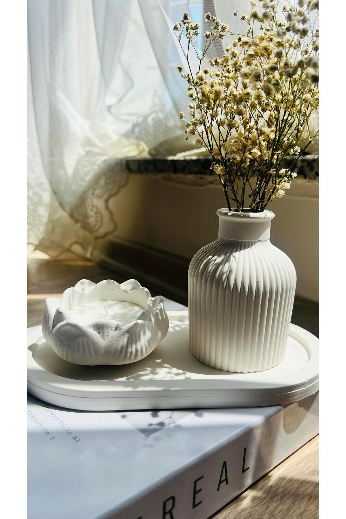 BGV HOME Beyaz Kokulu Mumlu Lotus Bohem Beton Dekoratif Set (3 Parça)