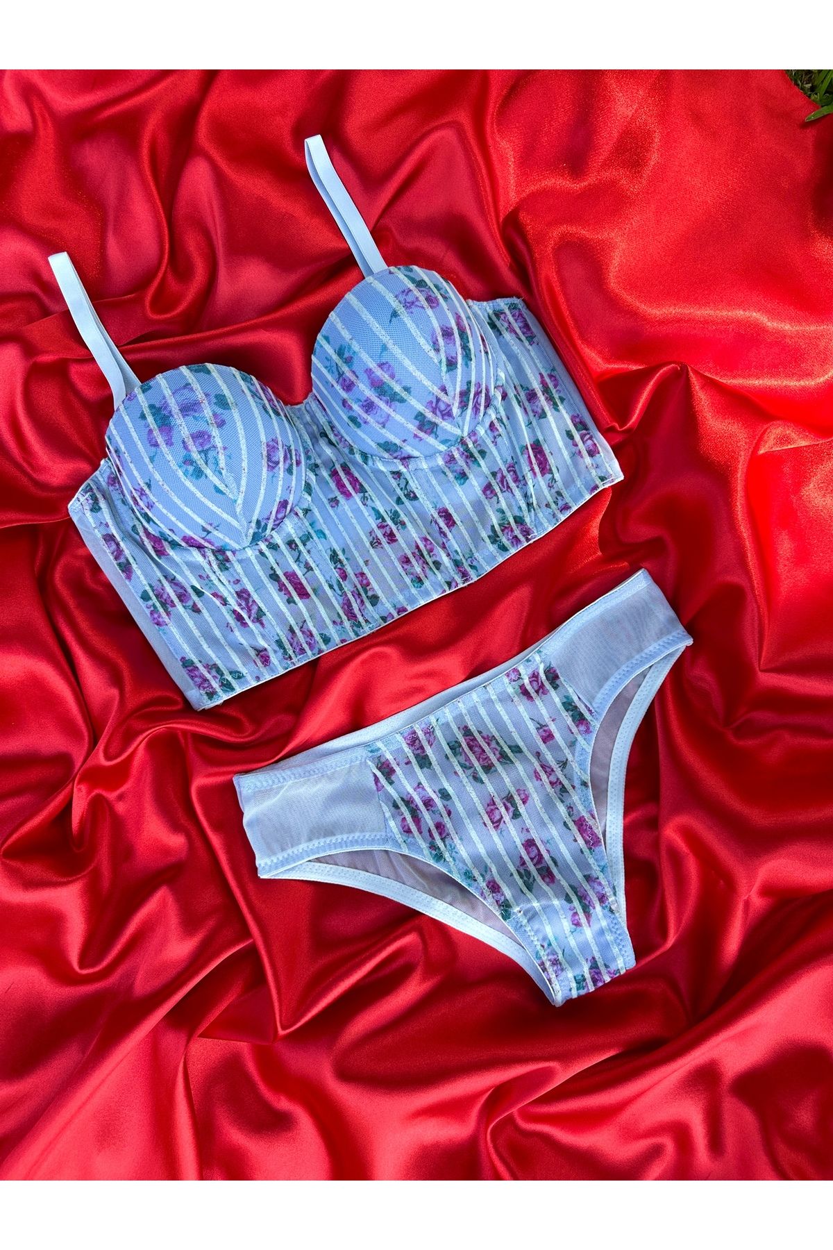last summer Simli Çiçek Desenli Destekli Mavi Bralet Takımı