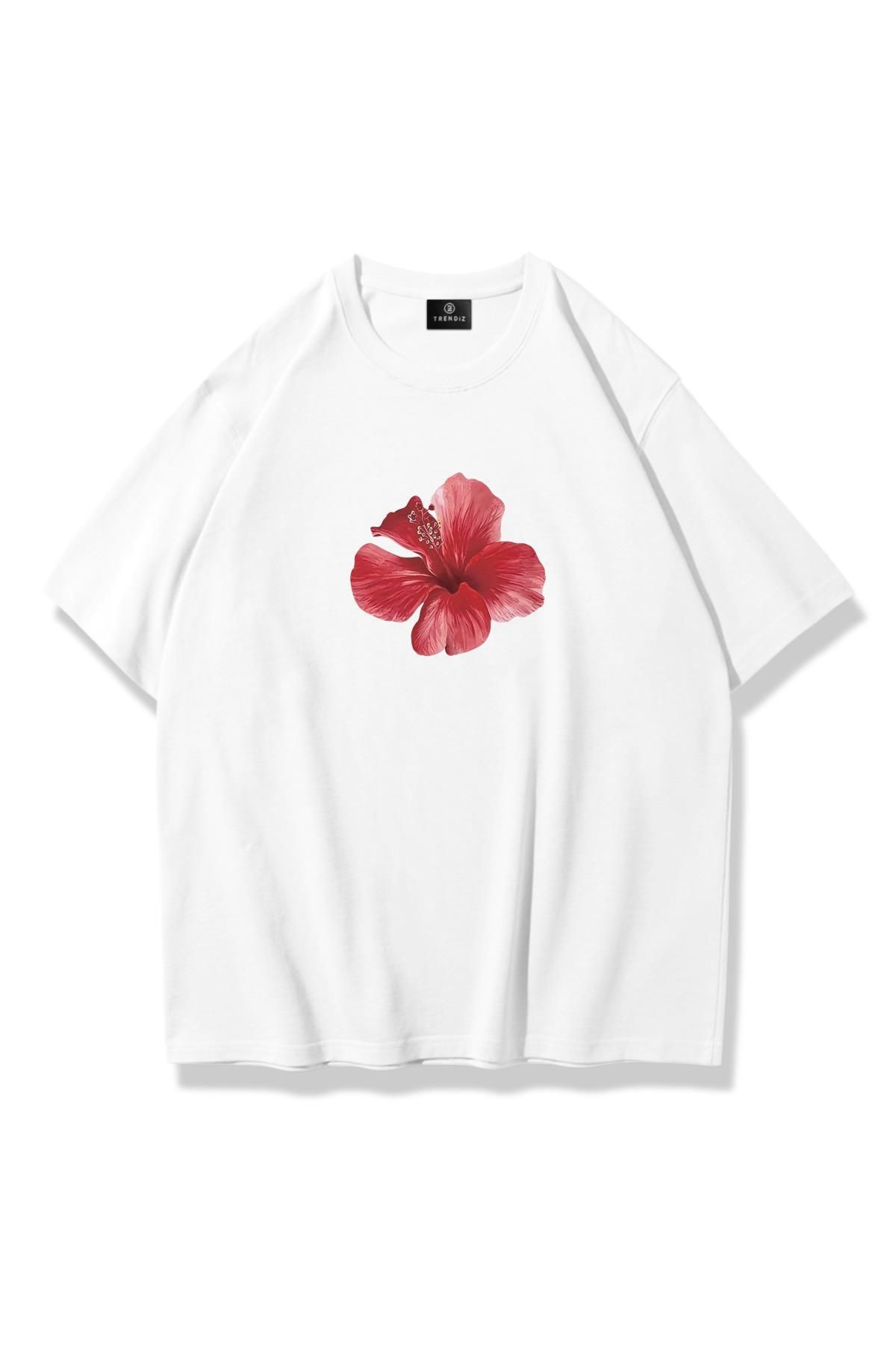 Trendiz Kadın Red Hibiscus Tshirt Beyaz