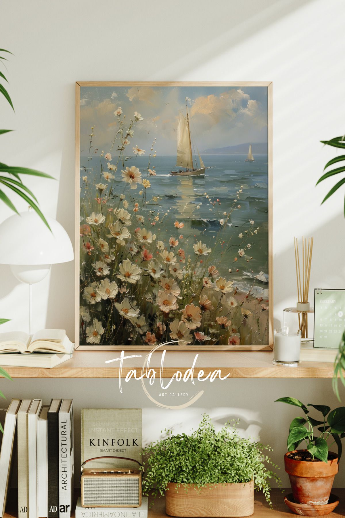 tablodea Vintage Çerçeveli Poster Tablo, Modern Dekoratif Minimalist Yelkenli ve Çiçekli Manzara Tablosu