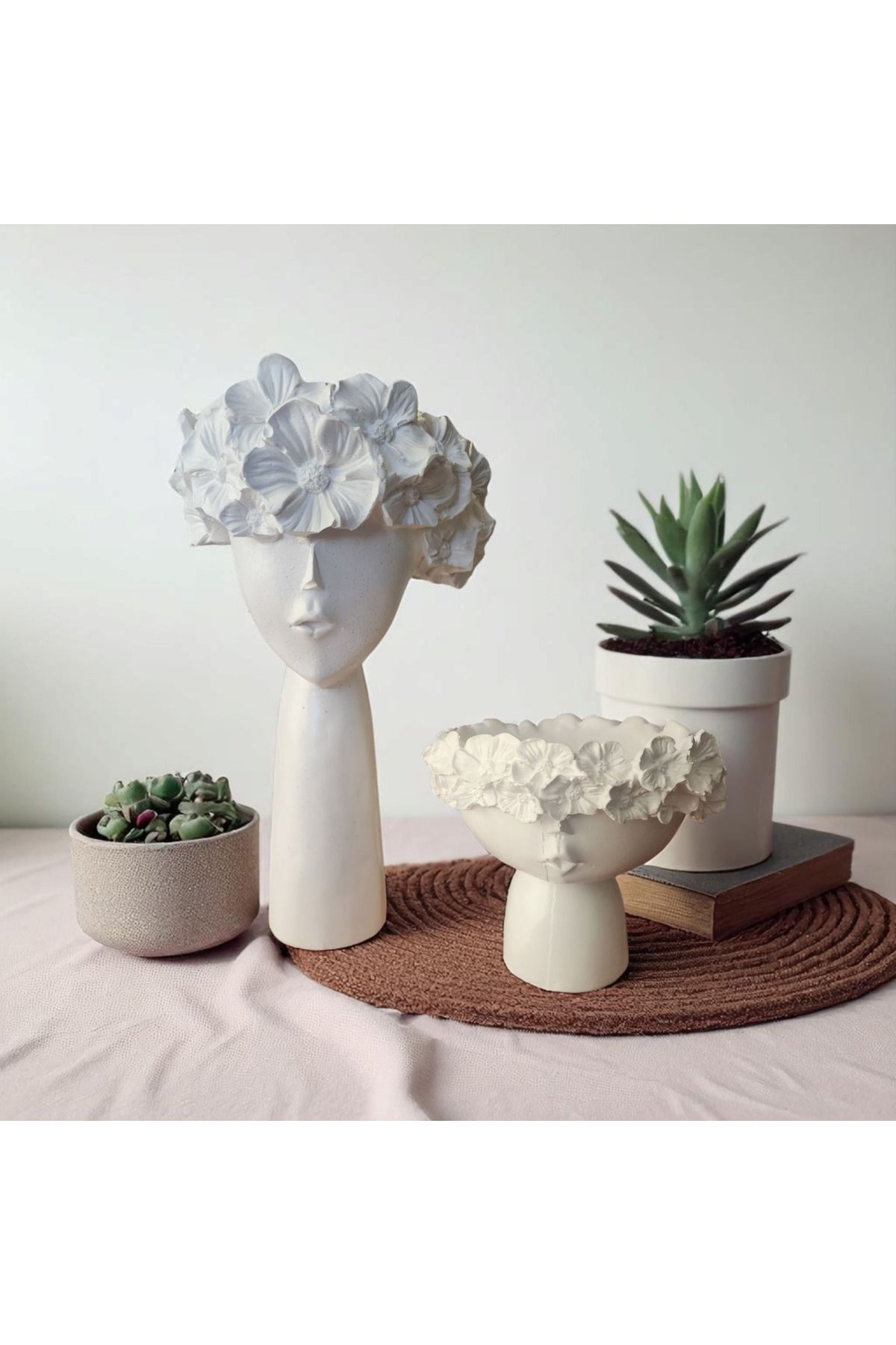 M&C Concept Büyük Boy Çiçekli Kızlar modern iskandinav bohem dekoratif 2li vazo seti (30 cm-14 cm)