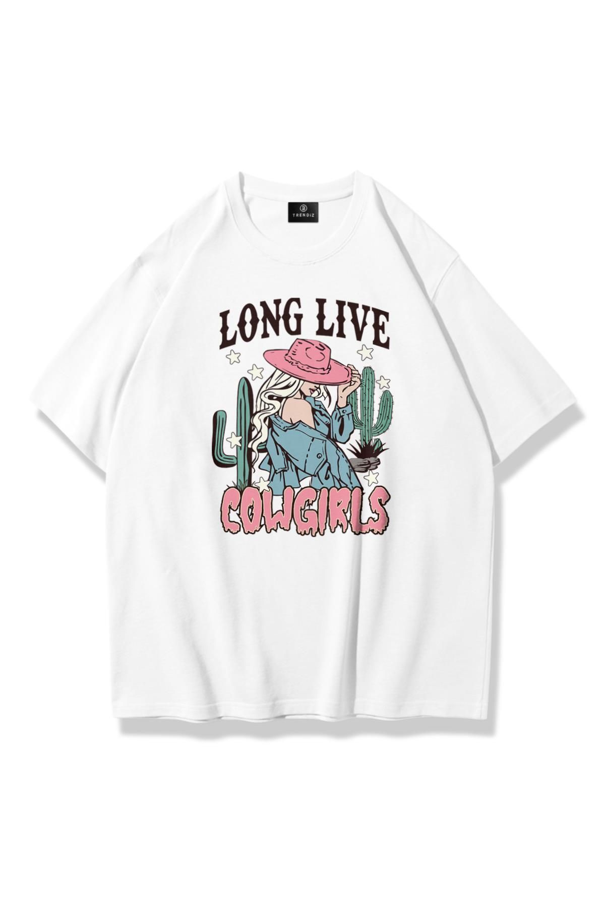 Trendiz Unisex Long Live Cowgirls Tshirt Beyaz