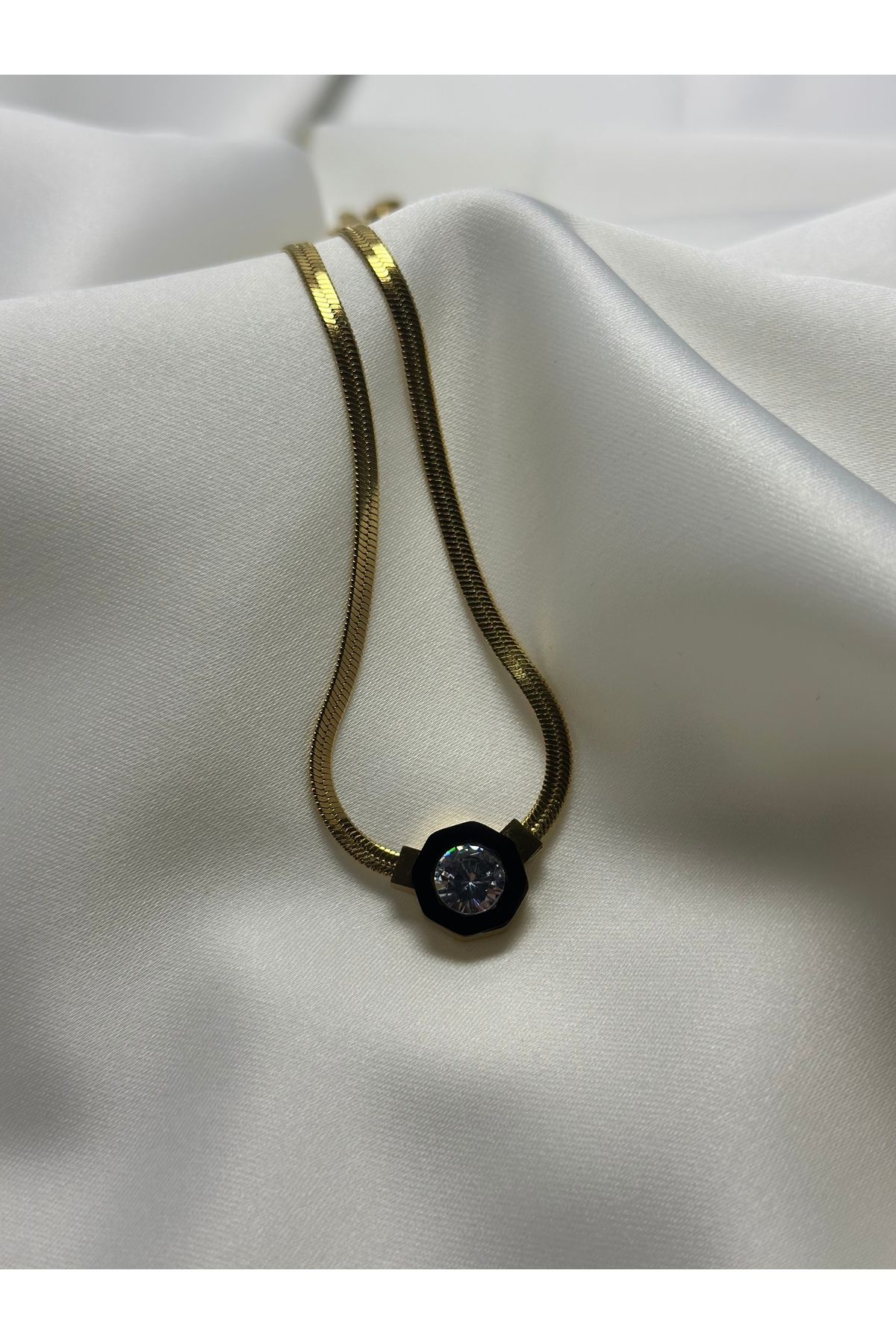 Prestij Jewelry Kadın Çelik Zirkon Taşlı İtalyan Ezme Zincirli Çağla Model Tasarım Kolye