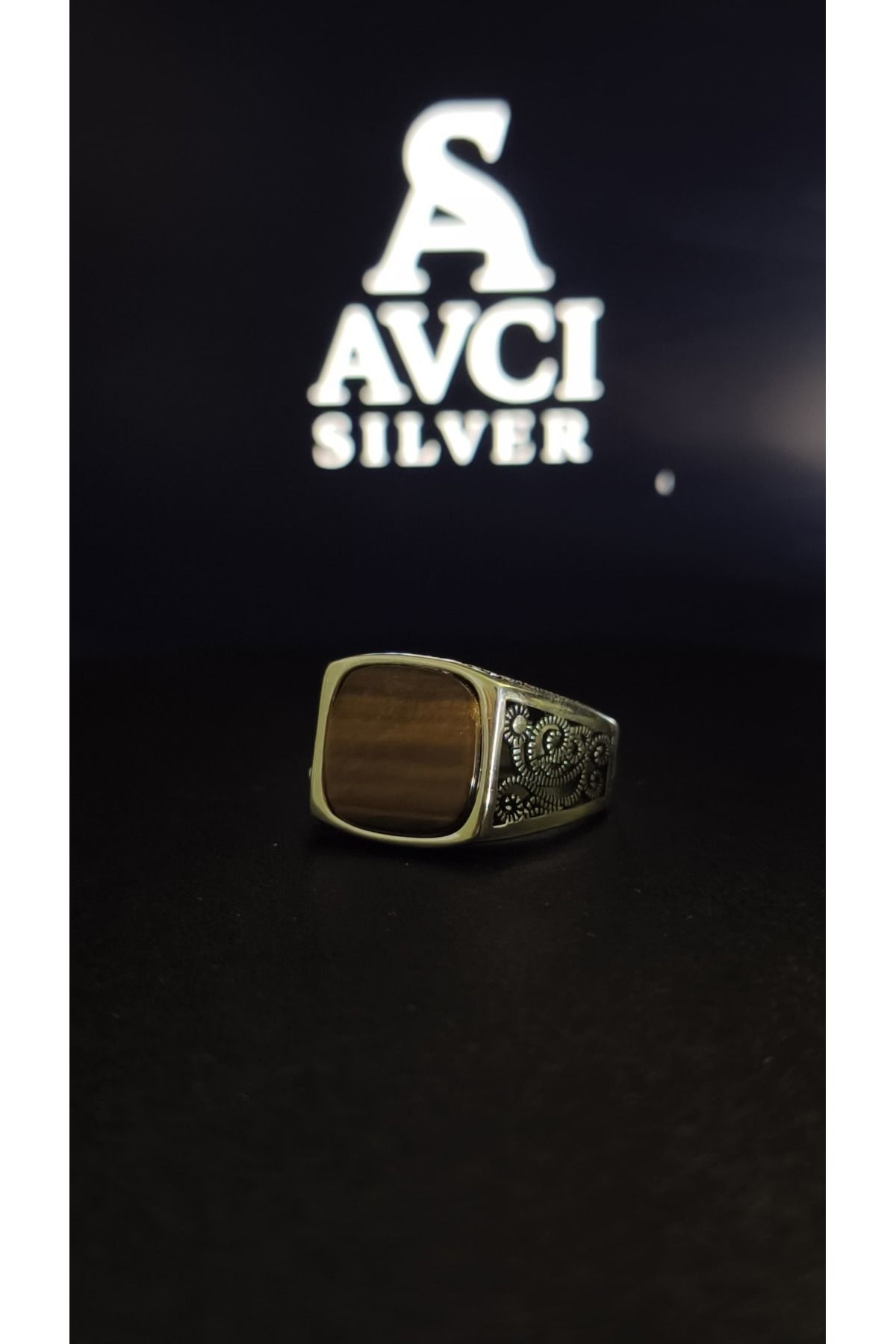 Avcı Silver 925 Ayar Kaplan Gözü Taşlı Erkek Gümüş Yüzük
