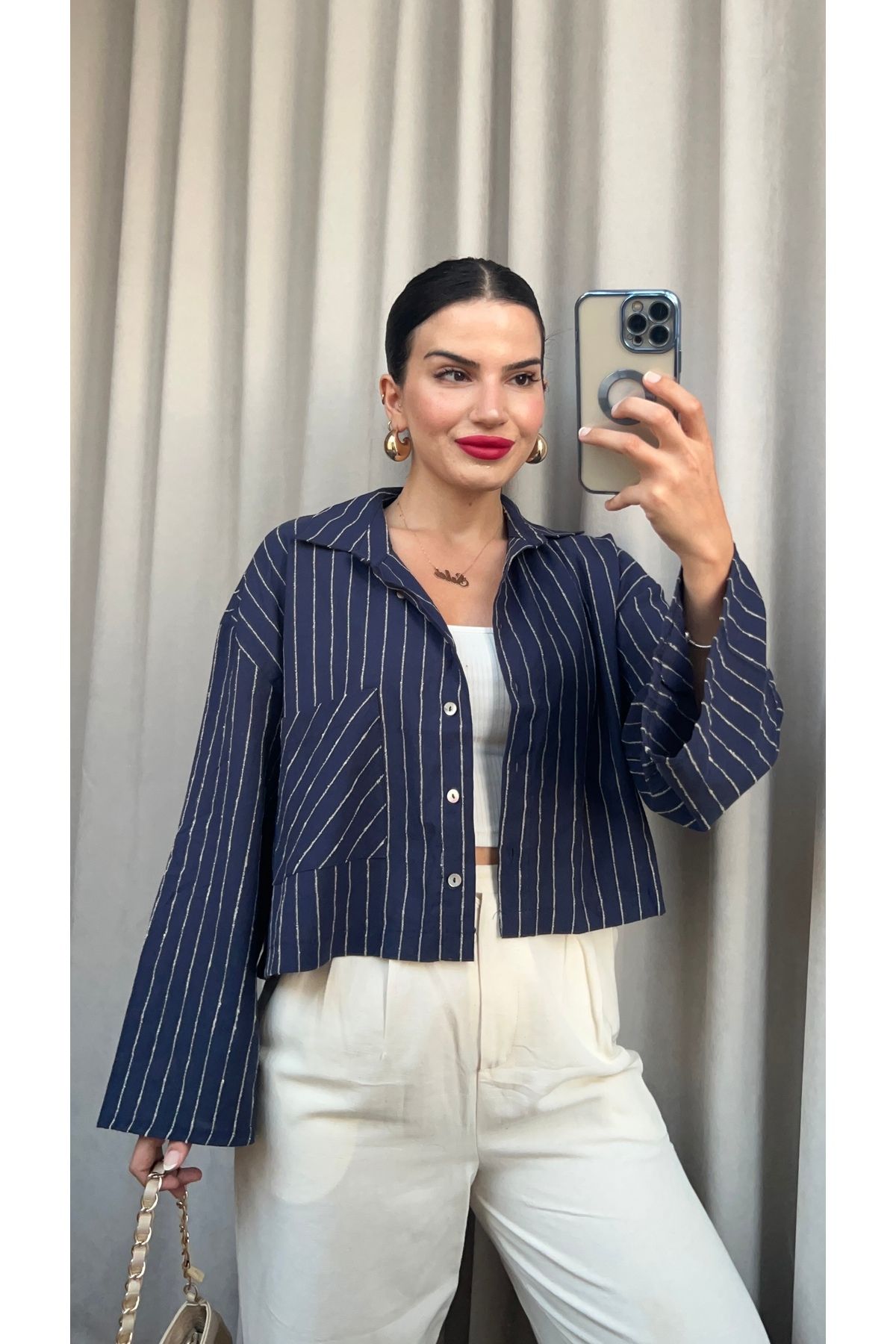 Butik LACİVERT BEJ ÇİZGİLİ KETEN GÖMLEK