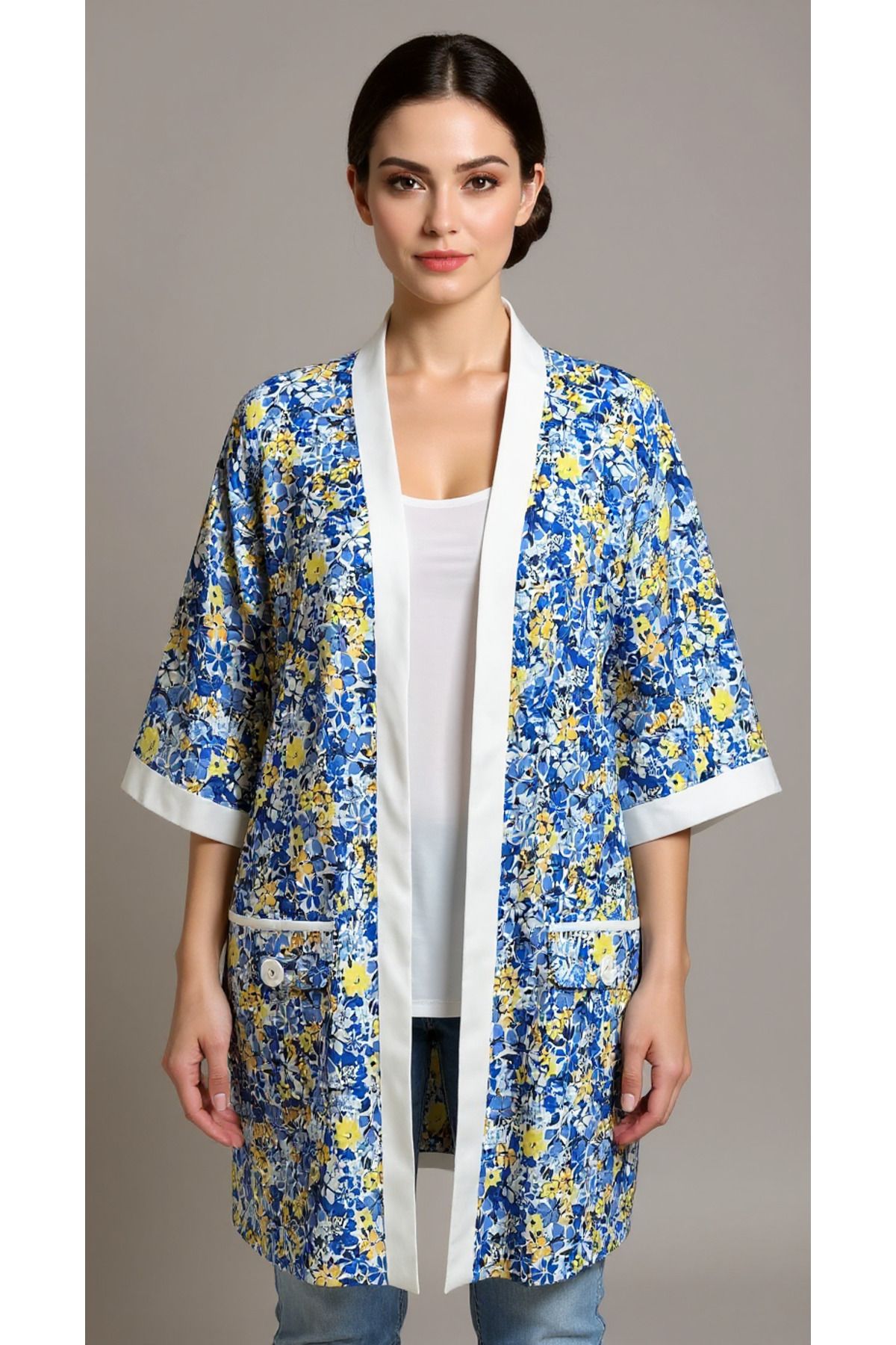 LİM Anne Takımı - Kimono - Desenli Şal Yaka Oversize Midi