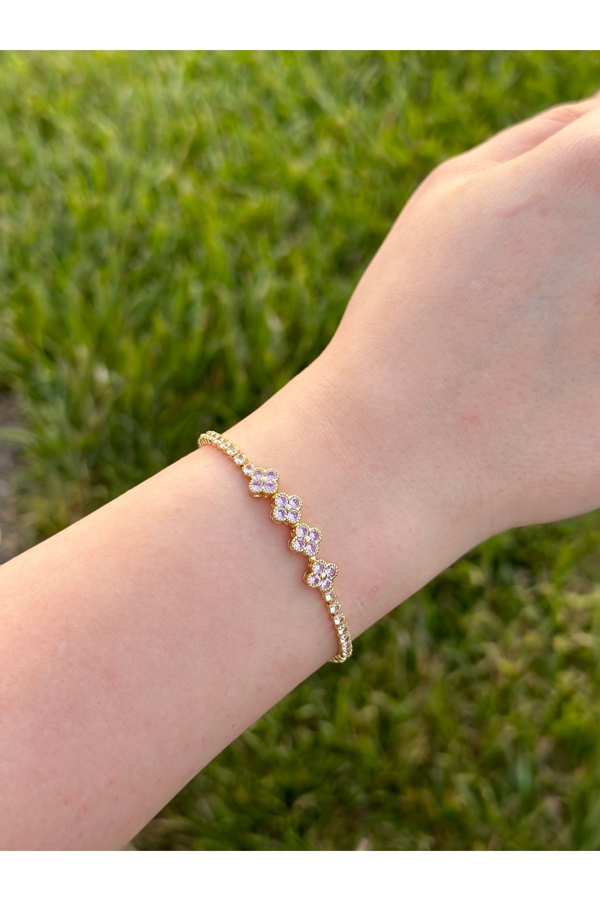 Prestij Jewelry Kadın Pembe Yonca Taşlı Altın Kaplama Çelik Bileklik