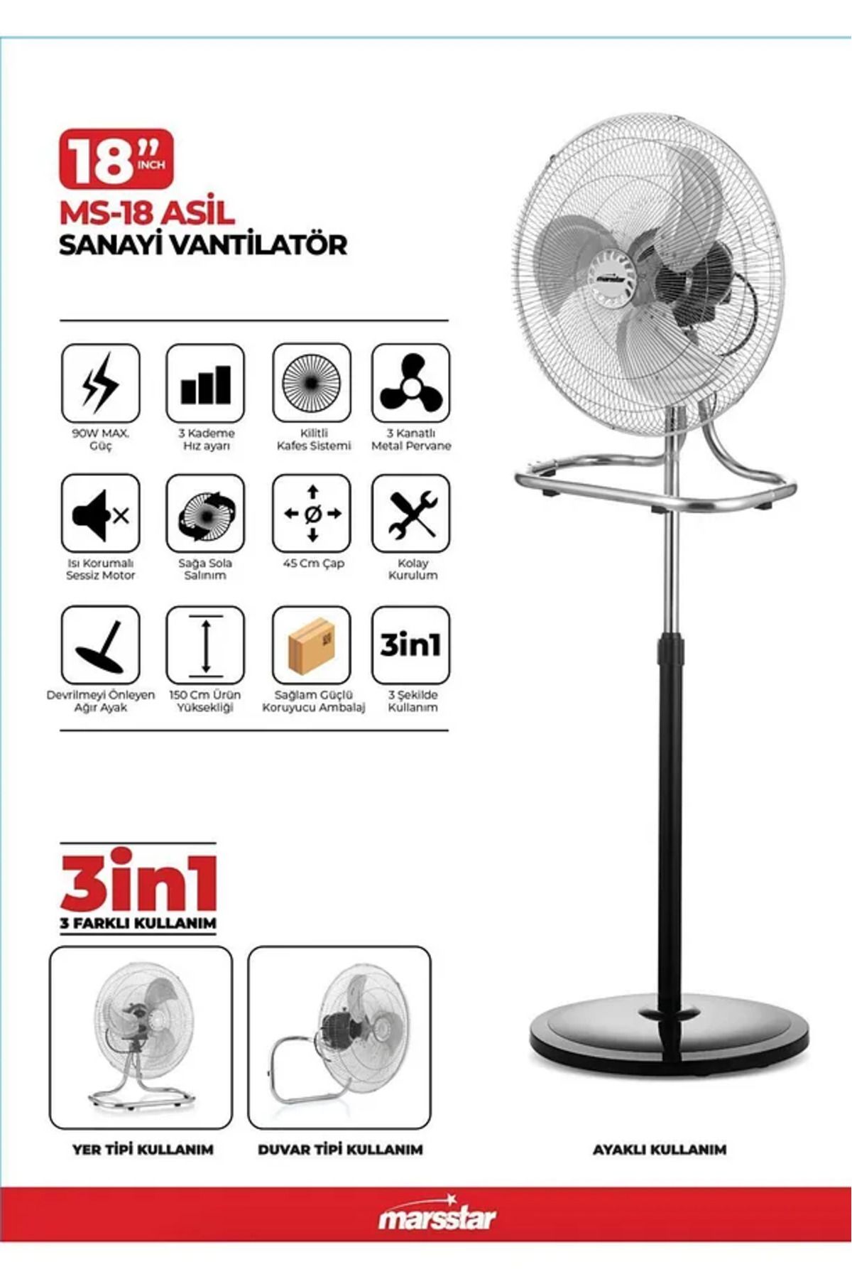 bituclass Marsstar Ms-18 Asil 18'' Sanayi Tipi Vantilatör 90w Güçlü Motor, 3in1 Ayaklı Duvar Yer Tipi Kullanım
