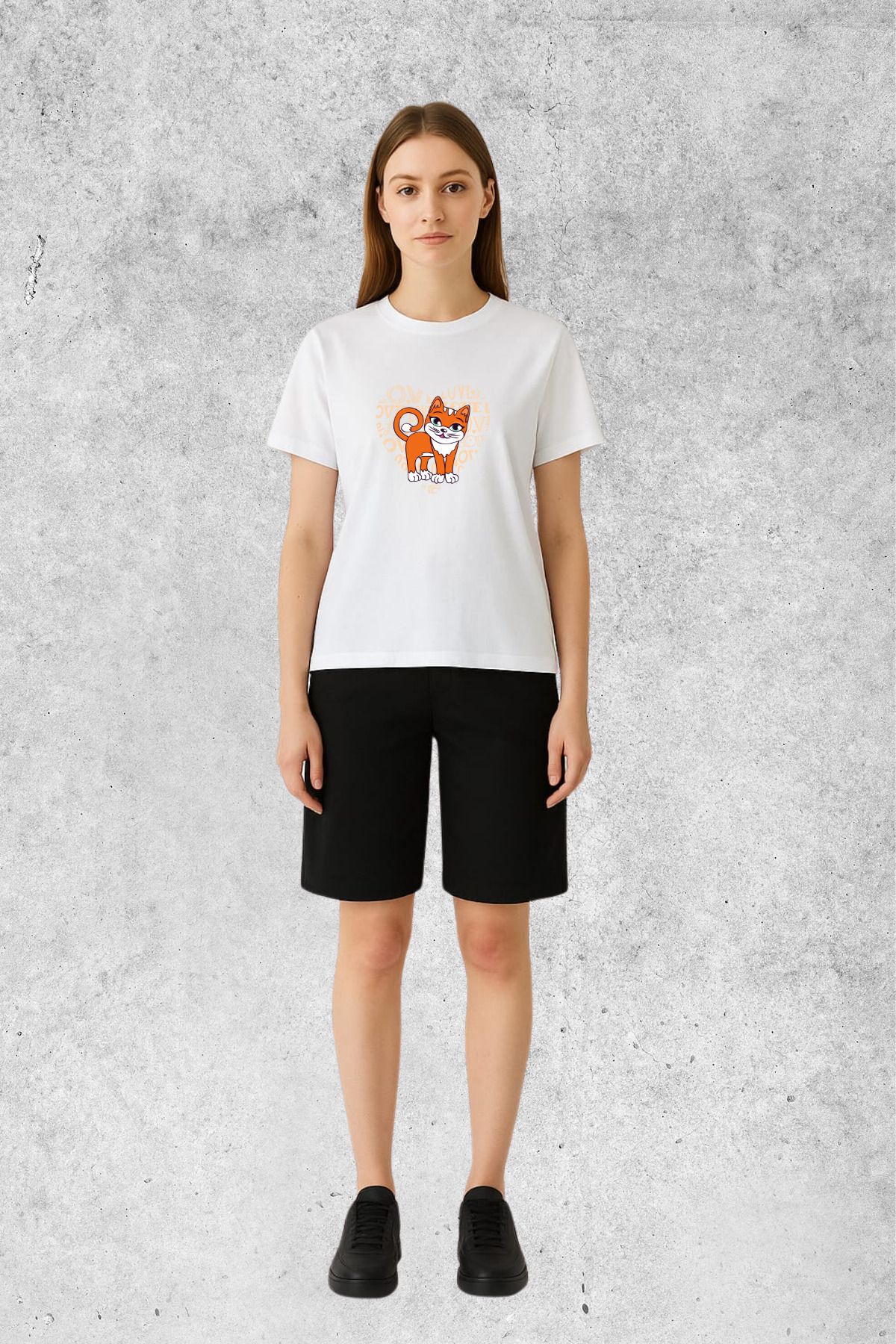 MOLICO BASİC unisex sıfır yaka kısa kollu TURUNCU KEDİ BASKILI TSHİRT