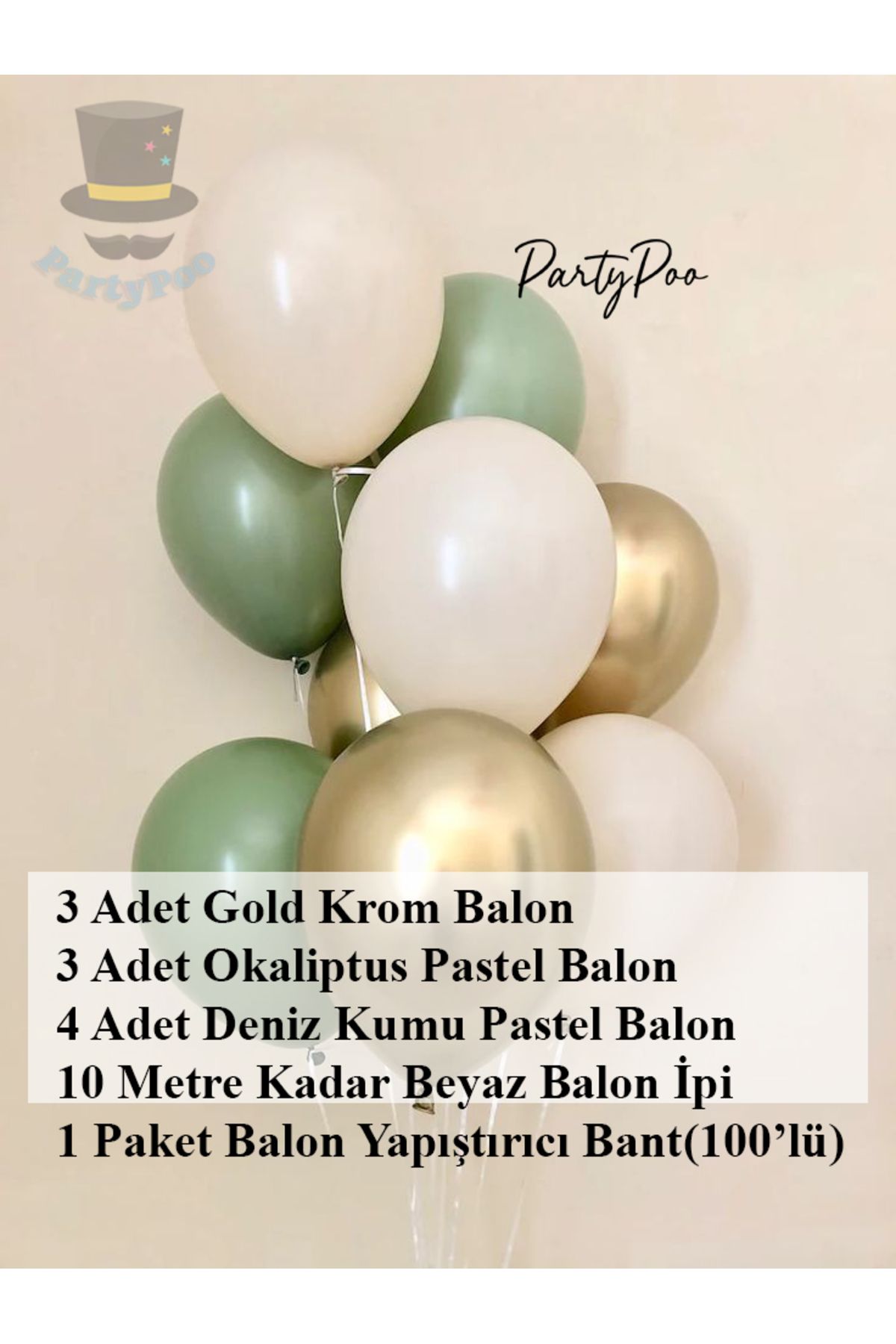 PartyPoo 3 Gold Krom 3 Okaliptus 4 Deniz Kumu Pastel Balon Seti – Doğum Günü, Parti ve Dekorasyon