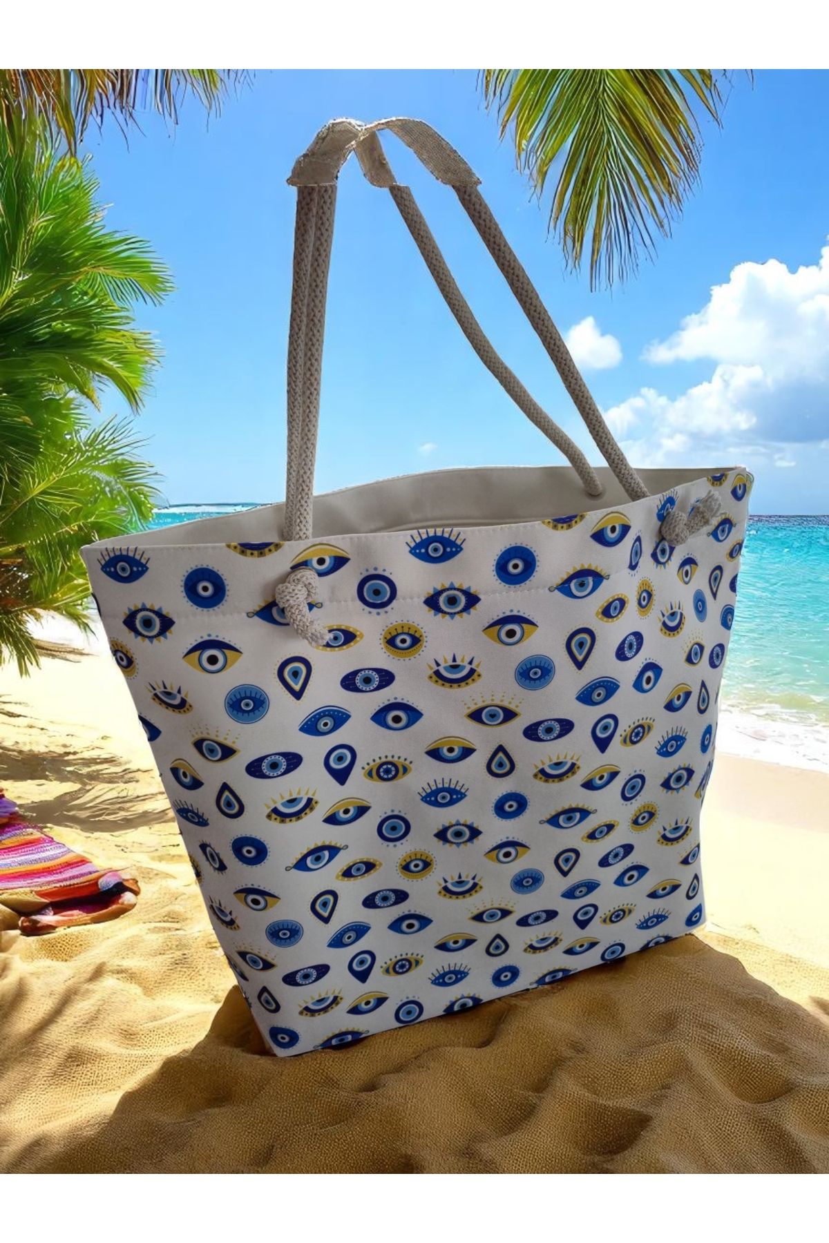Land of Souvenir-Durable Fabric Large Beach Bag with Evil Eye 6
