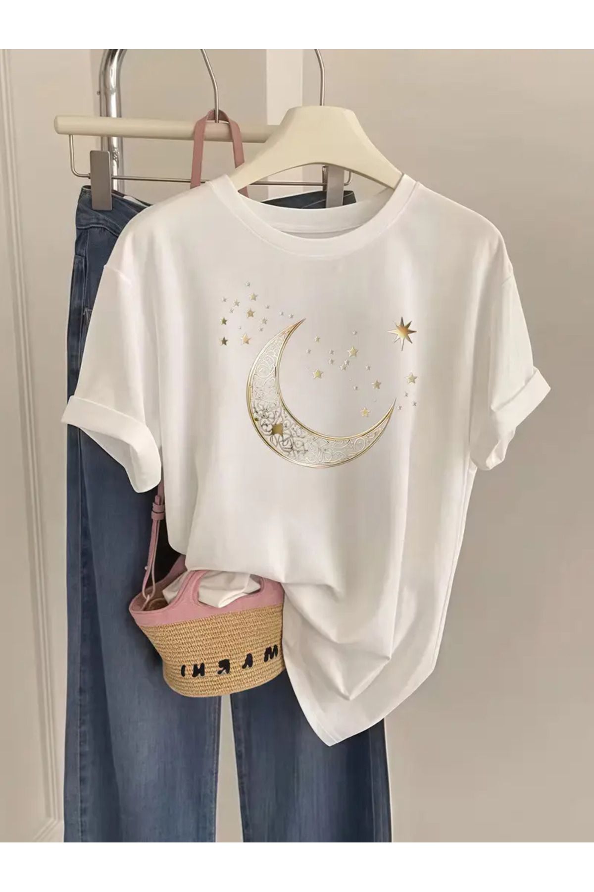 CLASİVA Hilal Yıldız Baskılı Oversize Bisiklet Yaka T-shirt