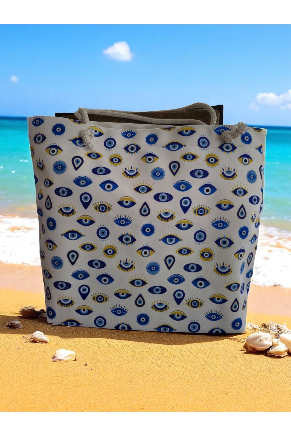 Land of Souvenir-Durable Fabric Large Beach Bag with Evil Eye 5