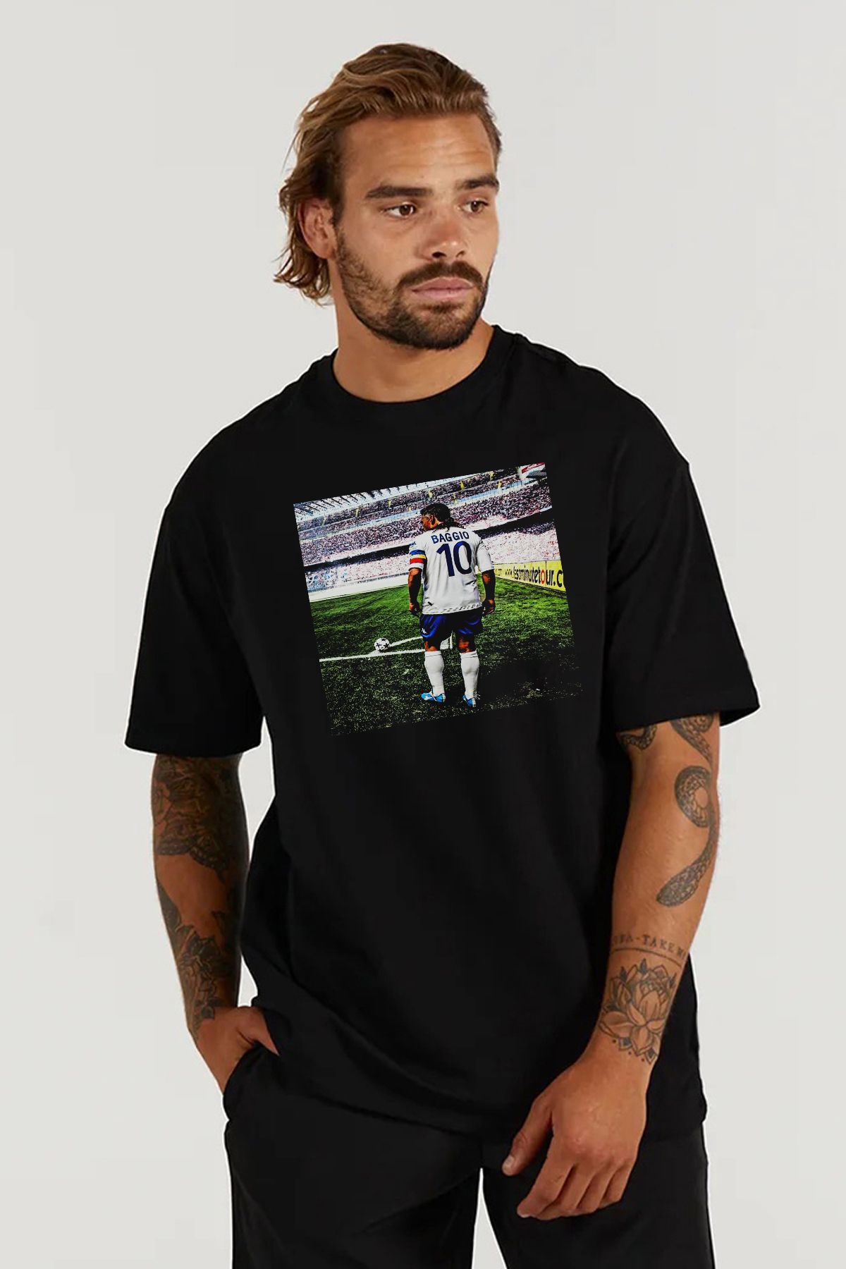 MODA Roberto Baggio Italya Baskılı Oversize Kalıp Siyah Geniş Bol Kesim Erkek Tişört