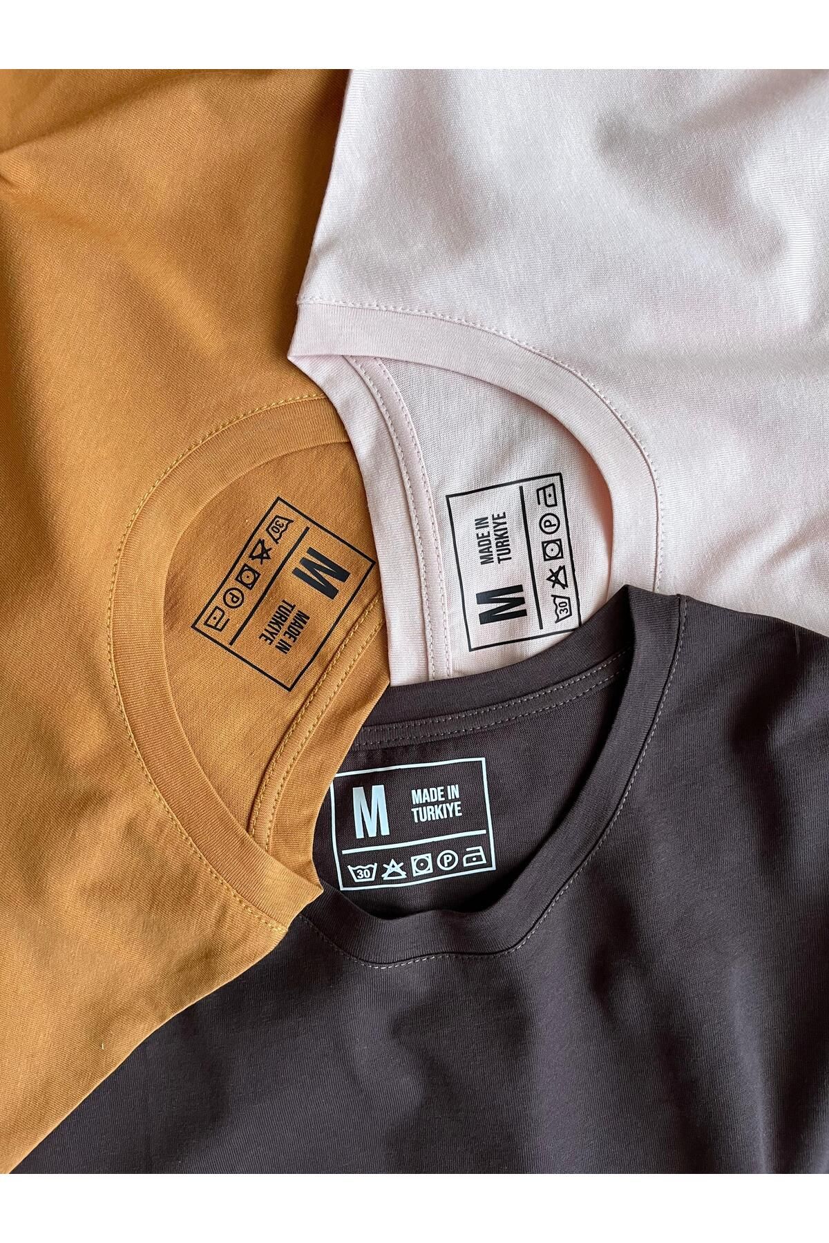 BLUGRIN Unisex Basic 3'lü T-Shirt Set - Turuncu, Kahverengi, Pudra