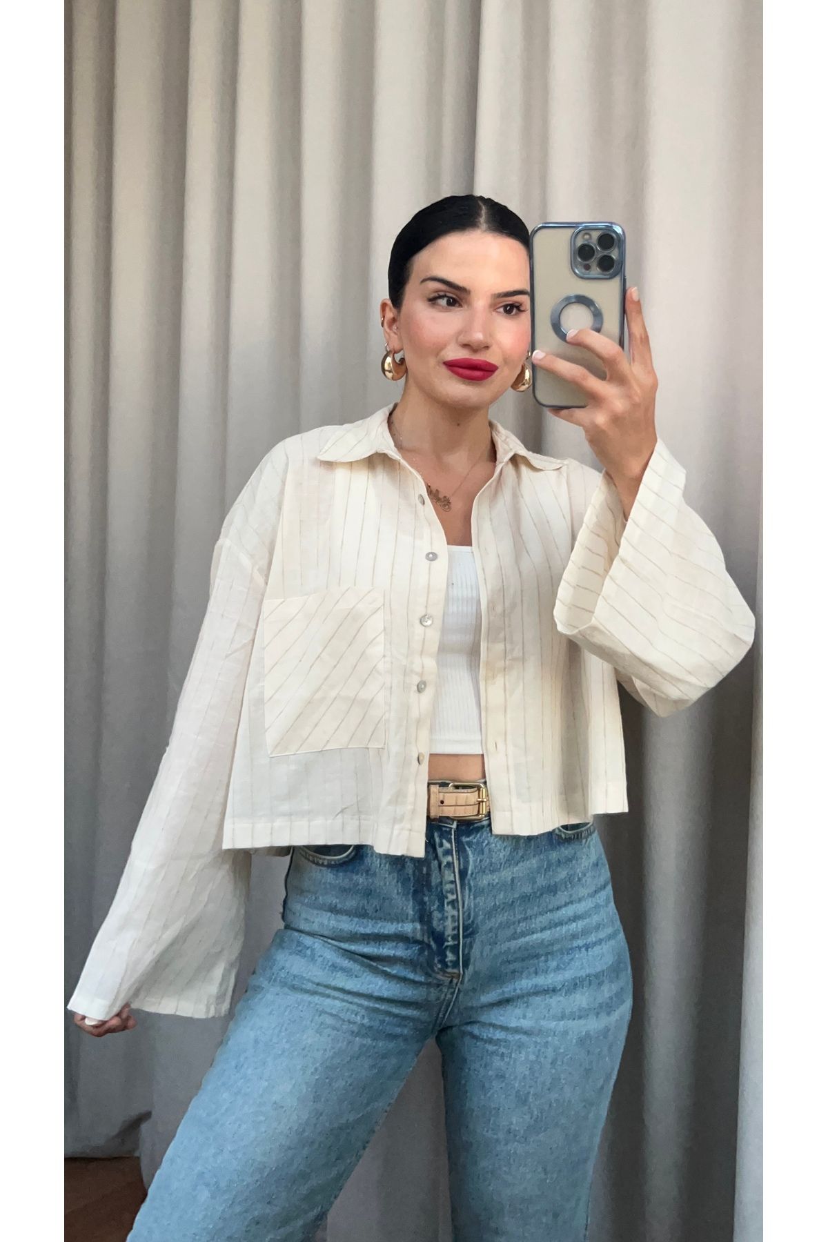 Butik KREM BEJ ÇİZGİLİ KETEN GÖMLEK