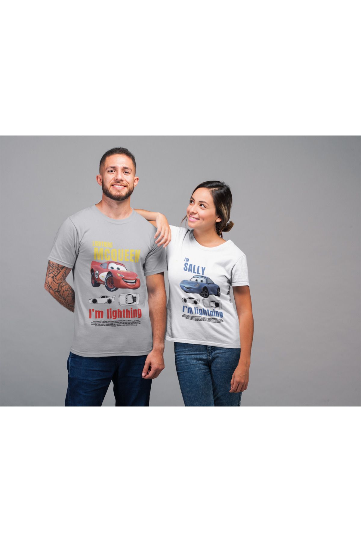 NEVERMIND Kadın Erkek Şimşek McQueen ve Sally Ön Baskılı Sevgili Çift Kombini Tasarım Oversize Tshirt 2'li