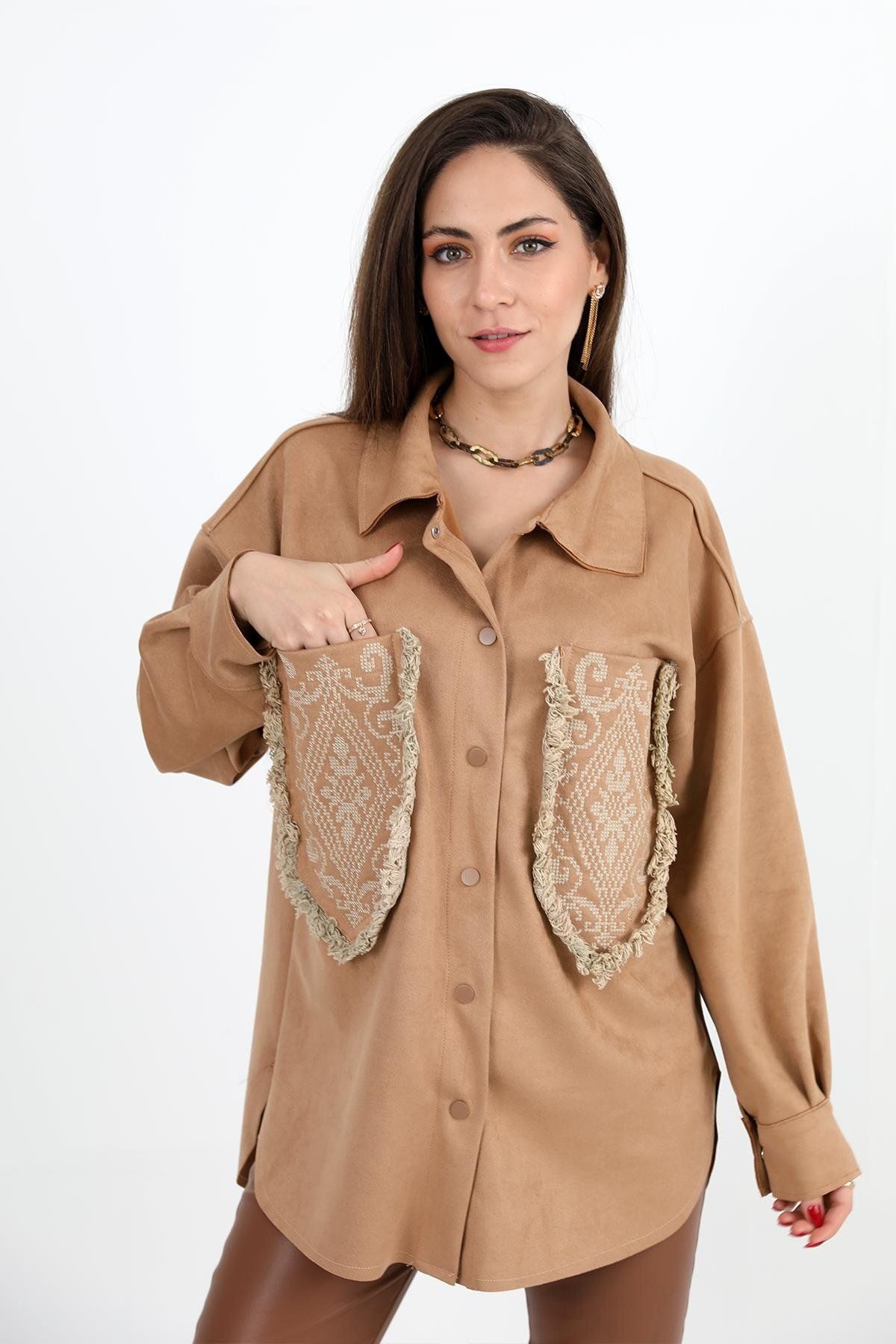 NOSTALJİX Gömlek Cebi Püsküllü Nakışlı Süet - Camel
