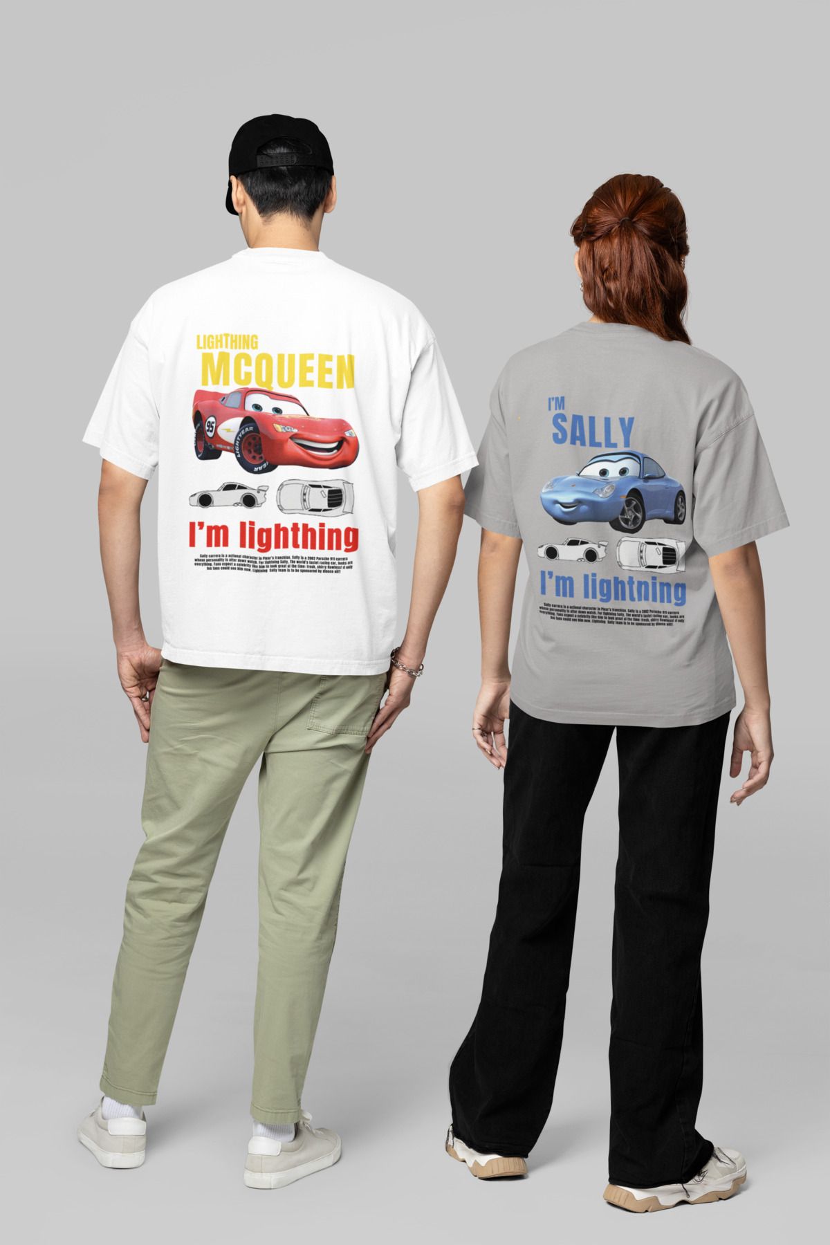 NEVERMIND Kadın Erkek Şimşek McQueen ve Sally Sırt Baskılı Sevgili Çift Kombini Tasarım Oversize Tshirt 2'li