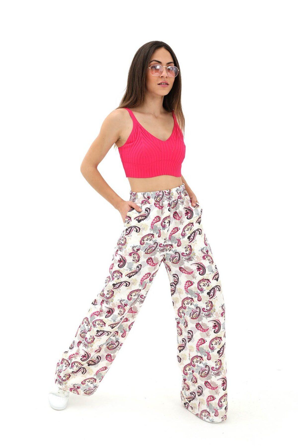 NOSTALJİX Bol Paça Renkli Baskı Keten Pantolon - Fuşya