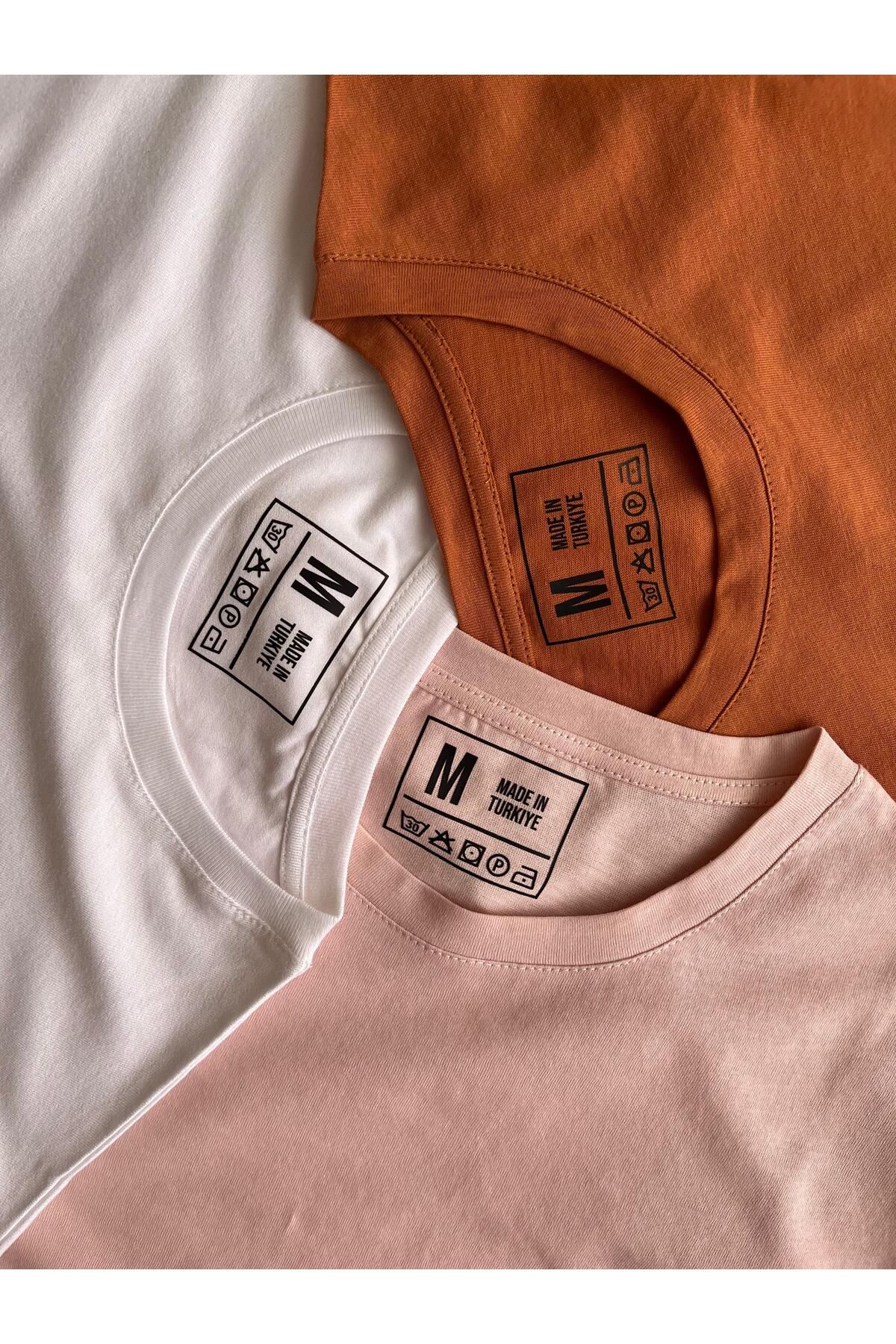 BLUGRIN Unisex Basic 3'lü T-Shirt Set - Beyaz, Turuncu, Pudra