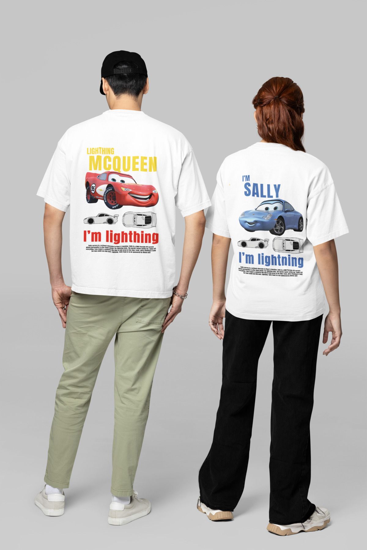 NEVERMIND Kadın Erkek Şimşek McQueen ve Sally Sırt Baskılı Sevgili Çift Kombini Tasarım Oversize Tshirt 2'li