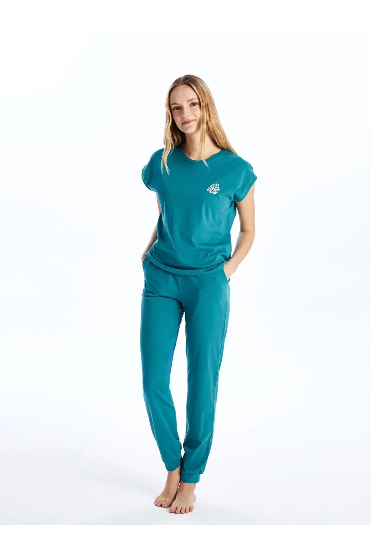 LC Waikiki LCW DREAM Petrol Bisiklet Yaka Baskılı Kısa Kollu Kadın Pijama Takımı