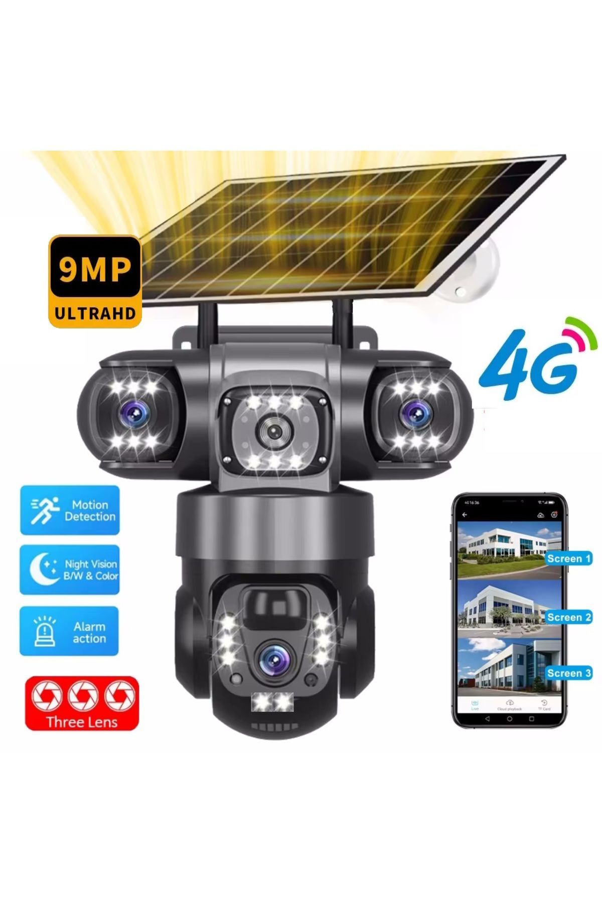 TR Charger Okam 6060 9MP (3+3+3) Üç Kameralı UltraHD 4G Güneş Enerjili Akıllı Güvenlik Kamerası