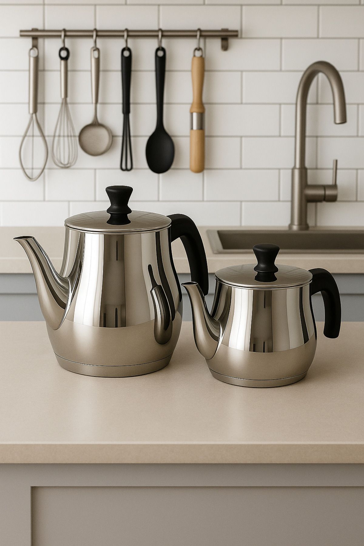 YUNUSOĞLU HOME-Classic Teapot Set – 0.8L Teapot 1.25L Sub Teapot – Stainless Steel – with Cold Holding Handle 4