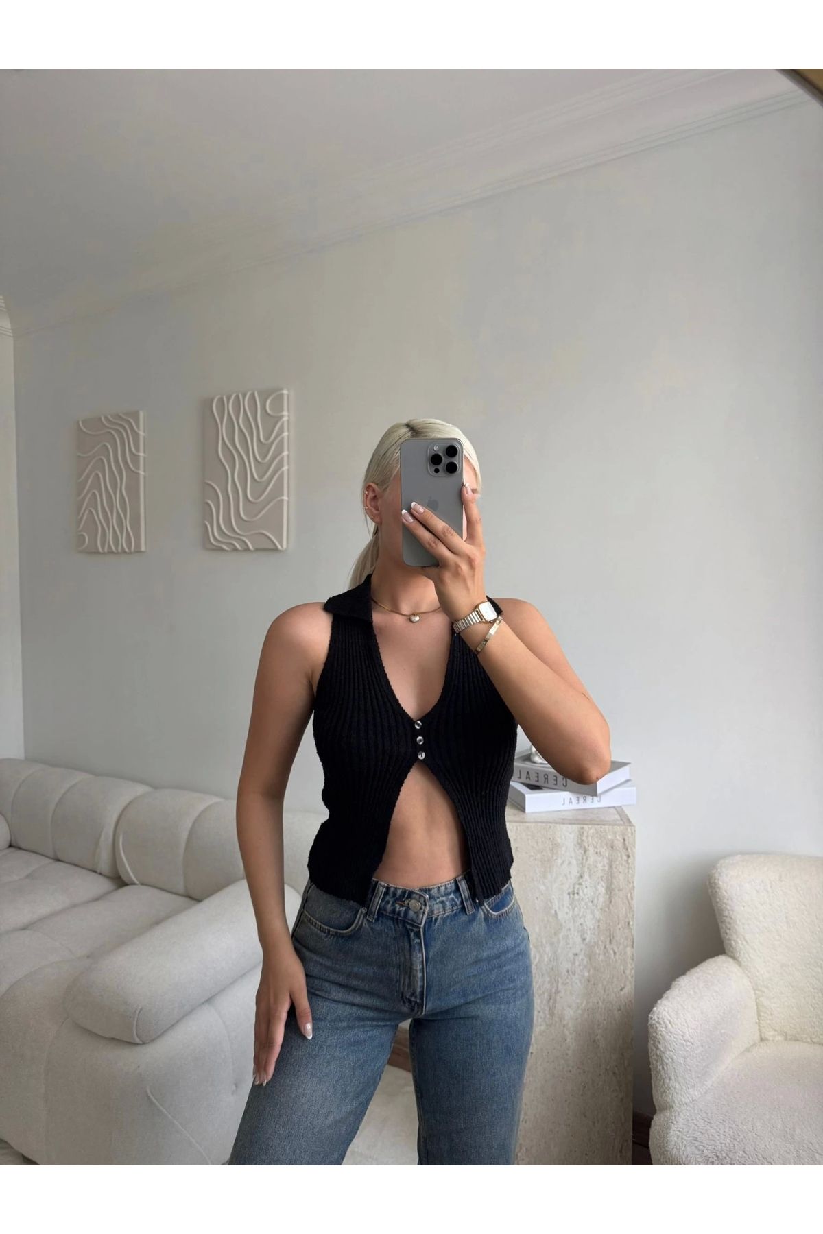 Zora Butik Polo Yaka Düğmeli Crop - SİYAH