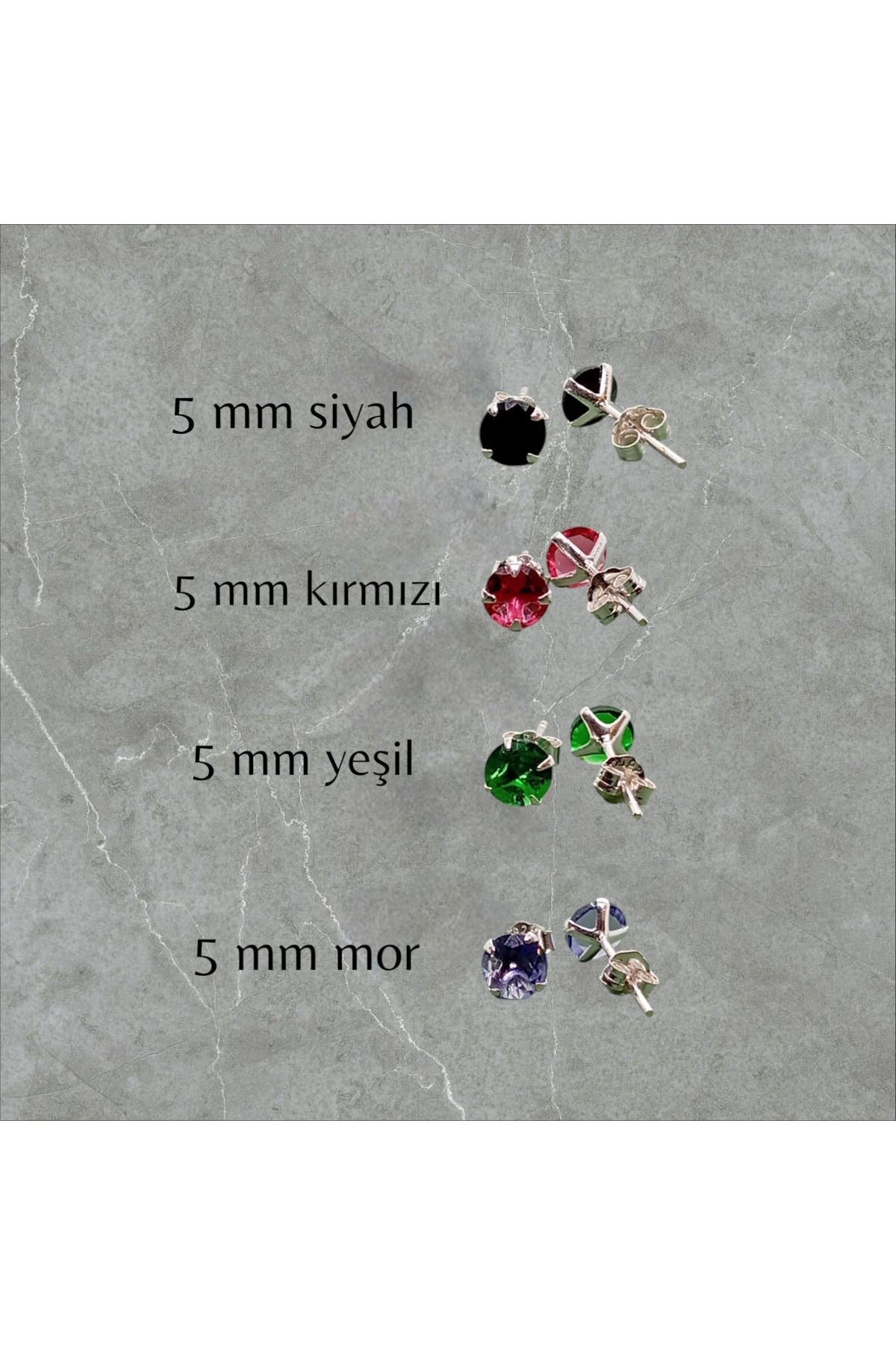 Kjewelry 925 Ayar Gümüş ( 5mm ) Zirkon Tektaş Renkli Yuvarlak Küpe ( 1 Çift )