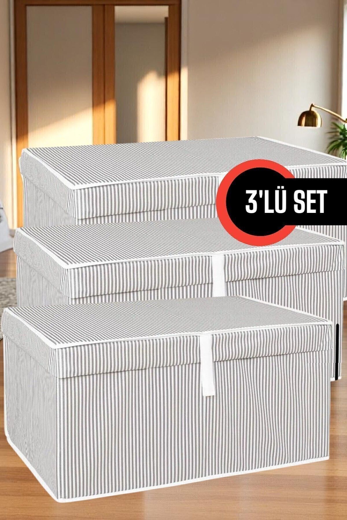 teknotrust Gri 3'lü Kapaklı Kutu Hurç Mega Boy 60x40x30 cm, düzen ve şıklık sağlar