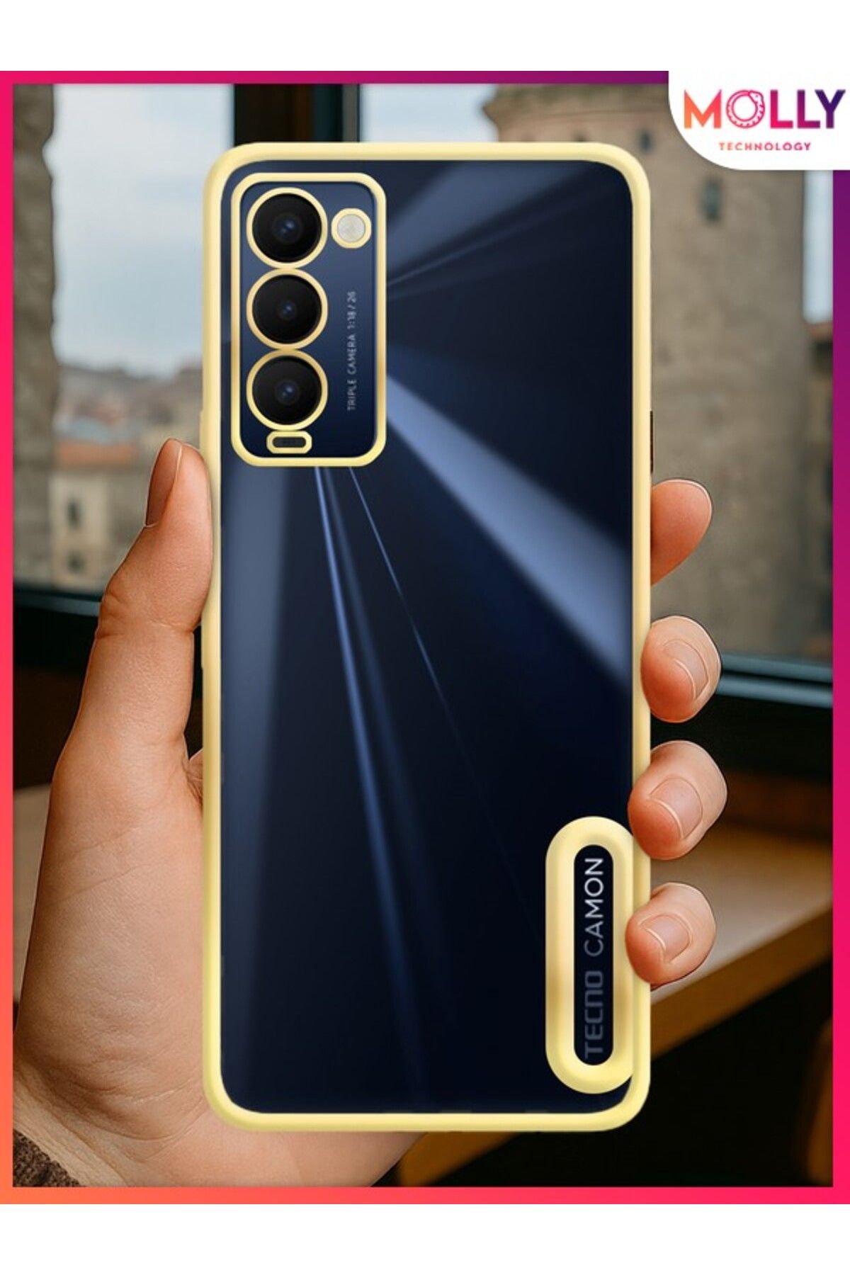 Molly TECNO CAMON 18 İçin Kenarları Gold Lens Koruyuculu Lou Lazer Şeffaf Silikon Kılıf